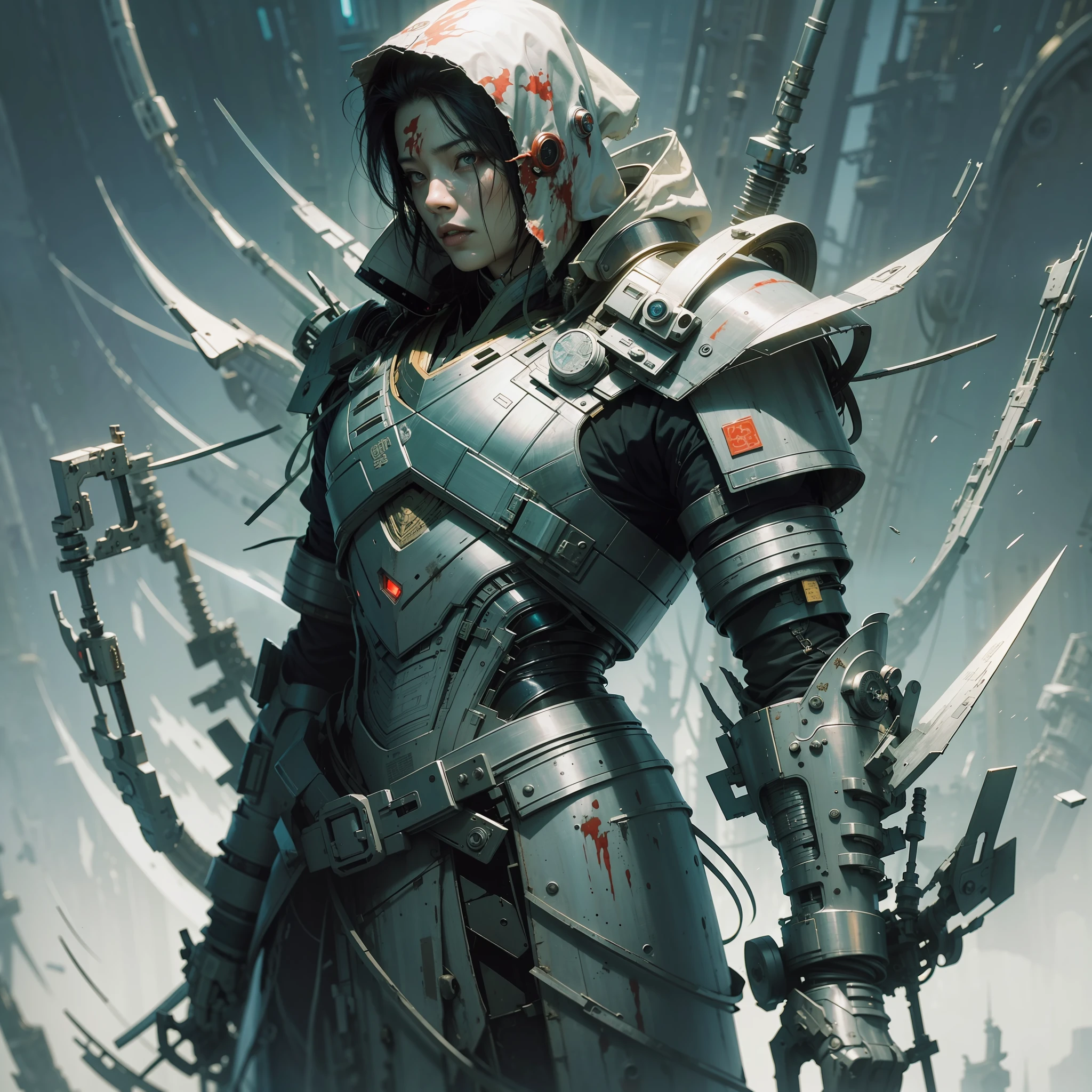An ancient Chinese boy, hooded head, full body, amazing facial features, blood stains, sharp eyes, cyberpunk, holographic aura, surreal science fiction art, futuristic science fiction aesthetics, Hanfu (tattered, torn), mecha, complex design, game model, movie edge light, delicate light, masterpiece, super detailed, epic composition, super HD, high quality, highest quality, 32k --niji 5