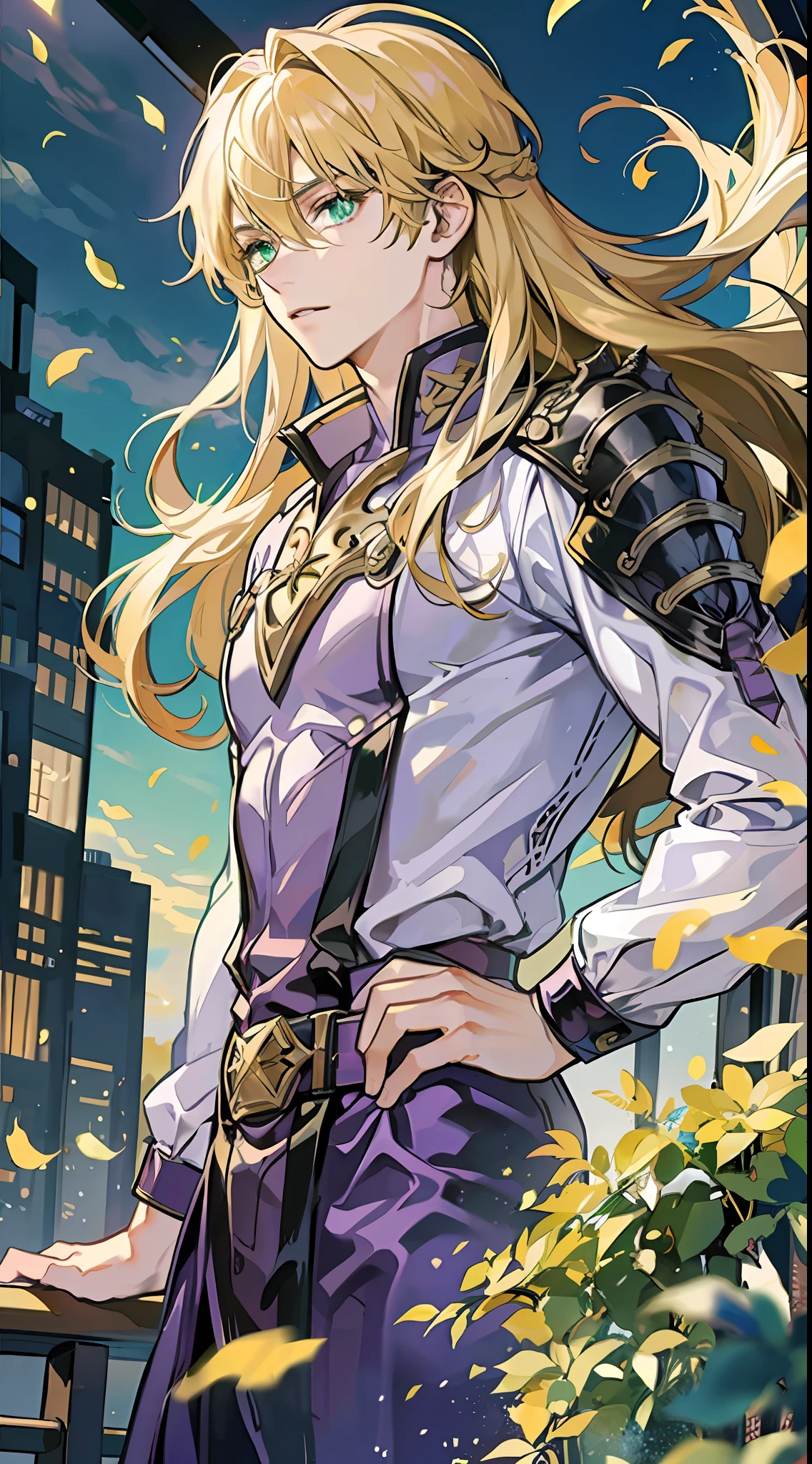 Young boy, long blonde hair, green eyes, purple superhero uniform, super speed, masterpiece, high quality