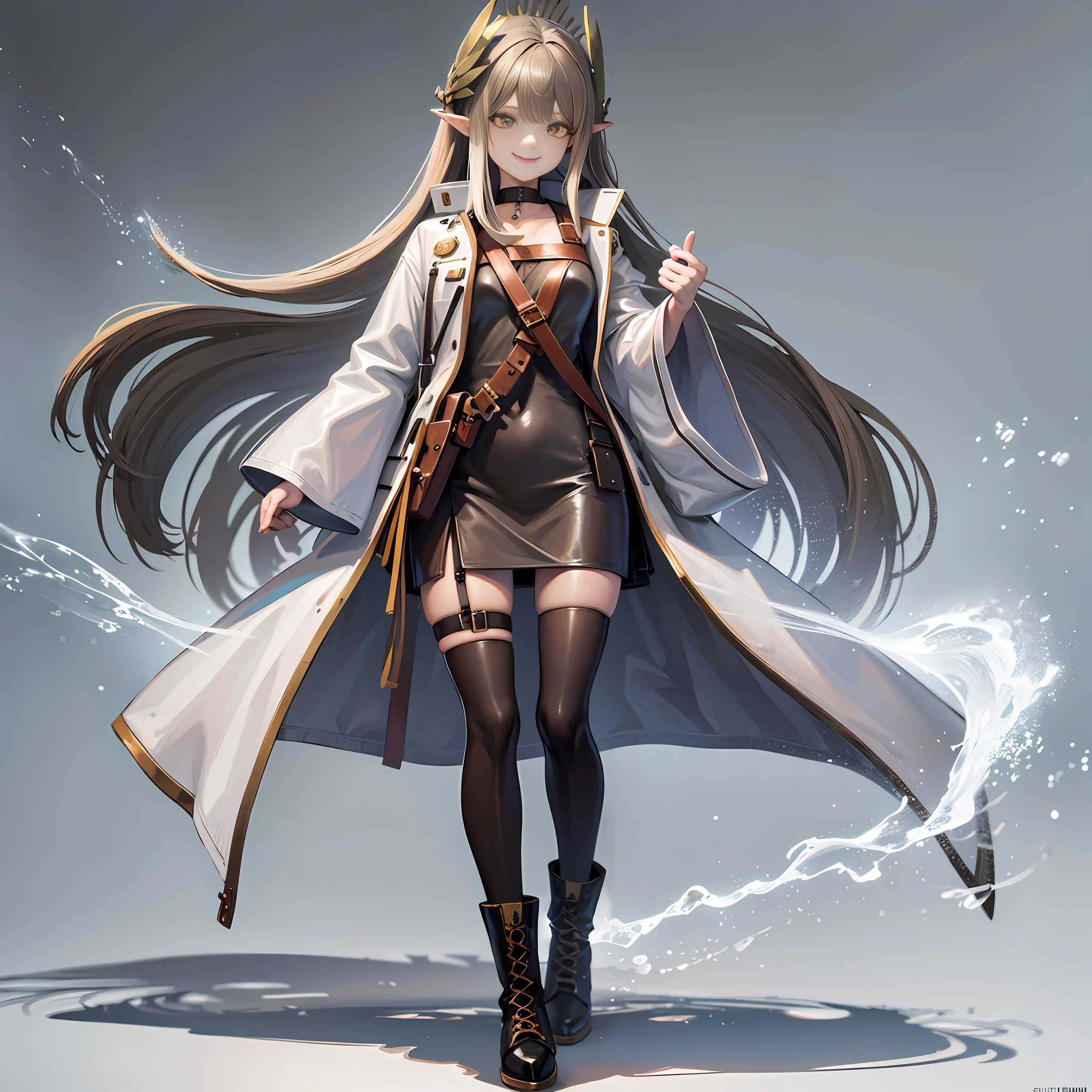 mumu, 1girl, solo, close one eye, white background, full body, simple background, coat, skirt, long sleeves, boots, black shoes, open your clothes, open coat, black dress, look at the audience, green coat, smile, UHD, anatomically correct, super detail, high detail, high resolution, 8k