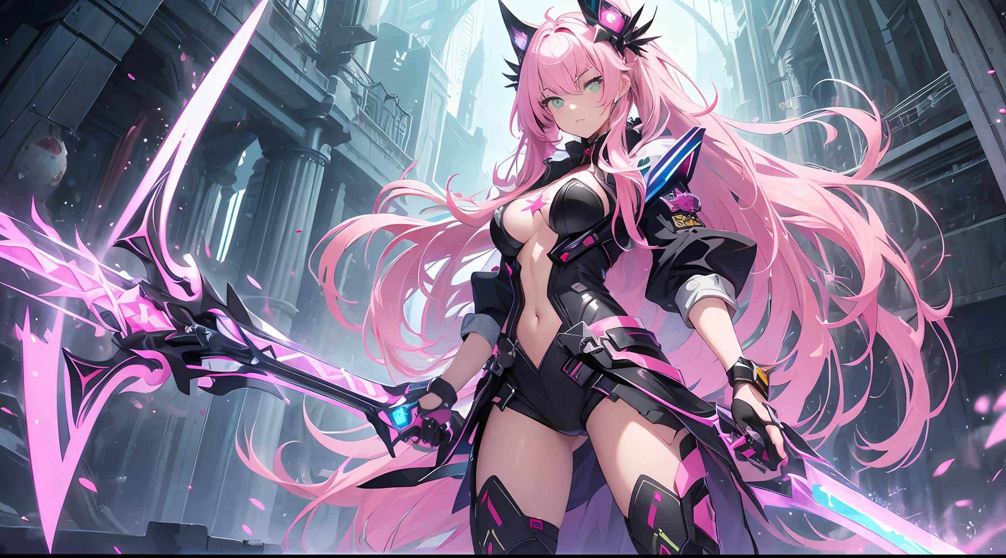 ((Masterpiece))) Full Body, Full Body Shot (One Girl) ((Pink Hair, Long Hair, Straight Hair, Both Sides Up))), ((Green Eyes))), Eyeshadow, Eyeliner, Glow Eye, Hyper Detail Eye, Complex Eyes, Beautiful Eyes, Detailed Eyes, (((Star-shaped pupils, glowing pink pupils))) 18 year old girls. Huge cool sword machine in hand (wearing a transparent jacket made of PVC material)) huge cool sword machine, mech, mechanism, machine, open stance, coalescing