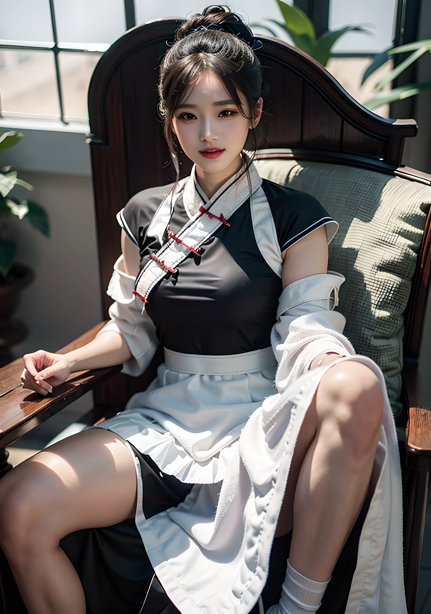 UHD, retina, masterpiece, anatomically correct, textured skin, super detail, high details, high quality, best quality, highres, 8k,(photorealistic:1.4)
A girl in white Chinese Hanfu, Step on the chair with one foot, Laughing, Wearing black stockings, The skirt is long and covers the knees, bigbreast
There are embroidery on the clothes,The skirt of Hanfu,hanfu,(((The lower body is wearing sports shorts))),The lower body is wearing sports shorts,((cover the base of the thighs)),
