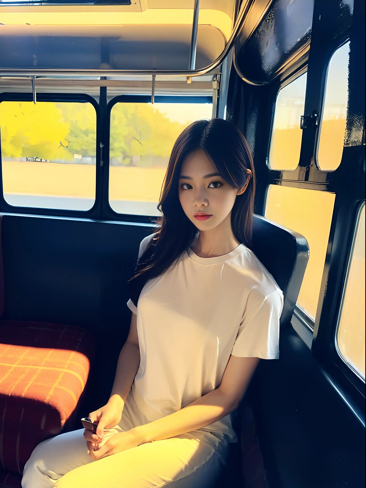 Masterpiece, highest quality, dynamic lighting, delicate facial features, 4k, 1girl, in the bus, standing looking at the phone, early morning sun, white T-shirt (formal wear: 1.4), black sweatpants, (formal wear: 1.4), long hair.