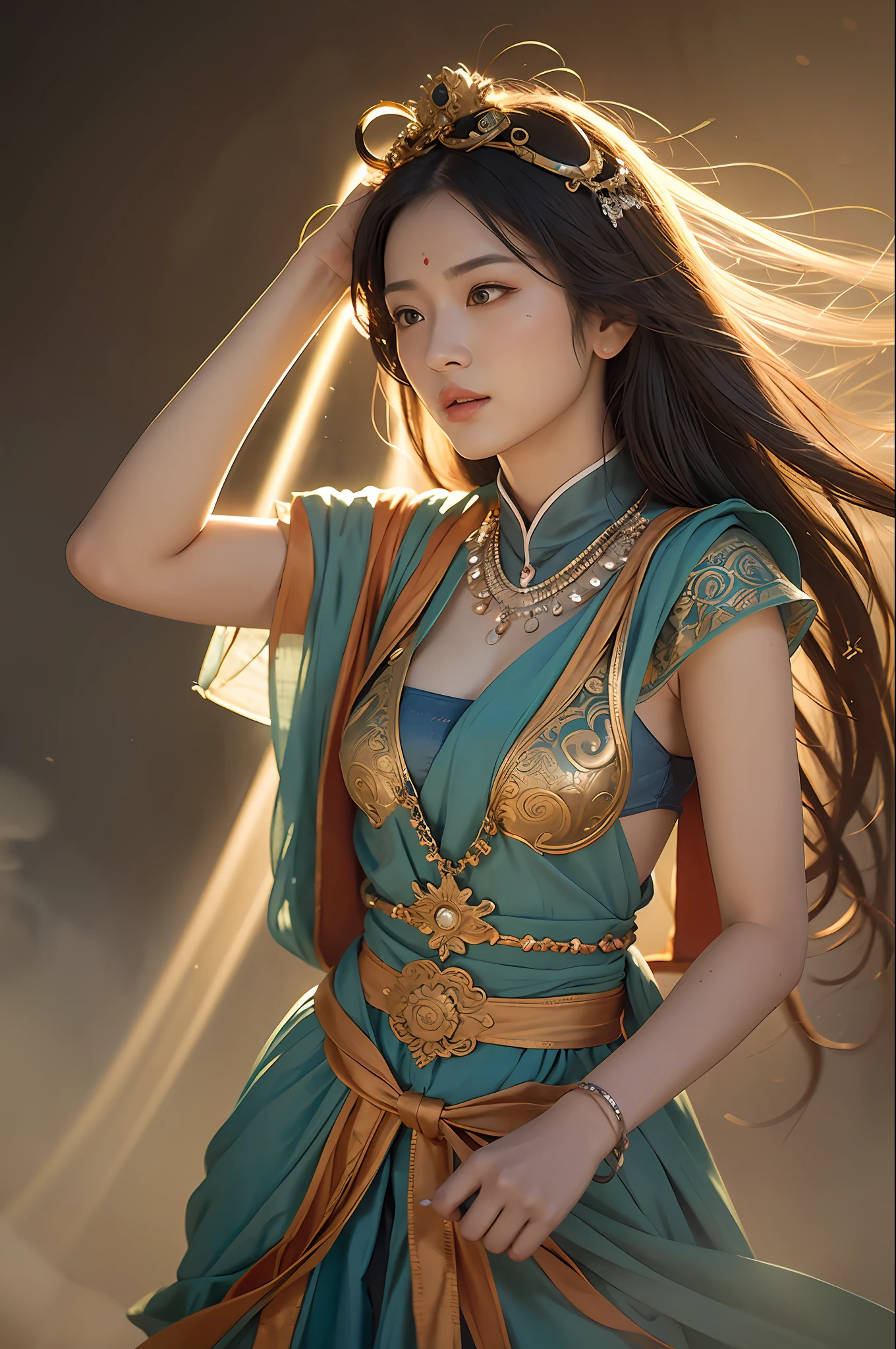 1girl, Dunhuang Flying Apsaras costume, messy long hair, Ji Jian, Dunhuang style, a lot of smoke, superb, elegant colors, (realistic, high detail, masterpiece, super detailed, dynamic angle, mural background, ink wash, amazing, movie lighting, illustration, chiaroscuro, backlighting, god rays, holland, best quality, best quality