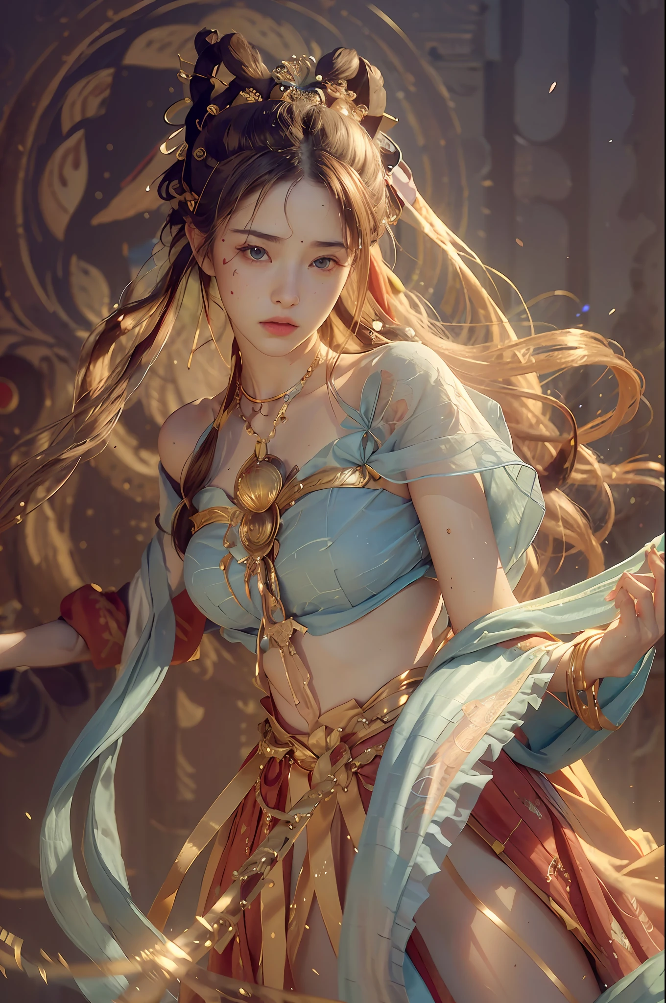 (RAW photo, best quality), (realistic, photo-realistic:1.3),best quality,highly detailed,masterpiece,ultra-detailed,illustration,1girl,upper_body,dynamic angle,world masterpiece theater,messy_long_hair,best quality,extremely detailed CG unity 8k wallpaper,ink,Amazing,cinematic lighting,lens_flare,,dunhuang_style
