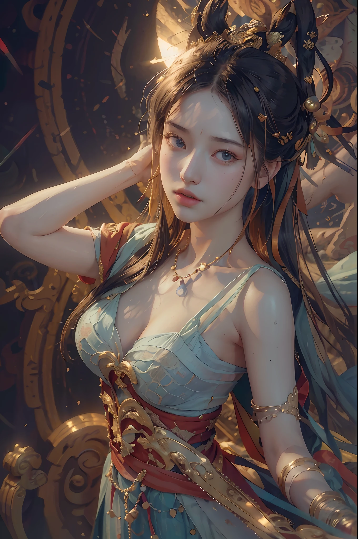 (RAW photo, best quality), (realistic, photo-realistic:1.3),best quality,highly detailed,masterpiece,ultra-detailed,illustration,1girl,upper_body,dynamic angle,world masterpiece theater,messy_long_hair,best quality,extremely detailed CG unity 8k wallpaper,ink,Amazing,cinematic lighting,lens_flare,,dunhuang_style