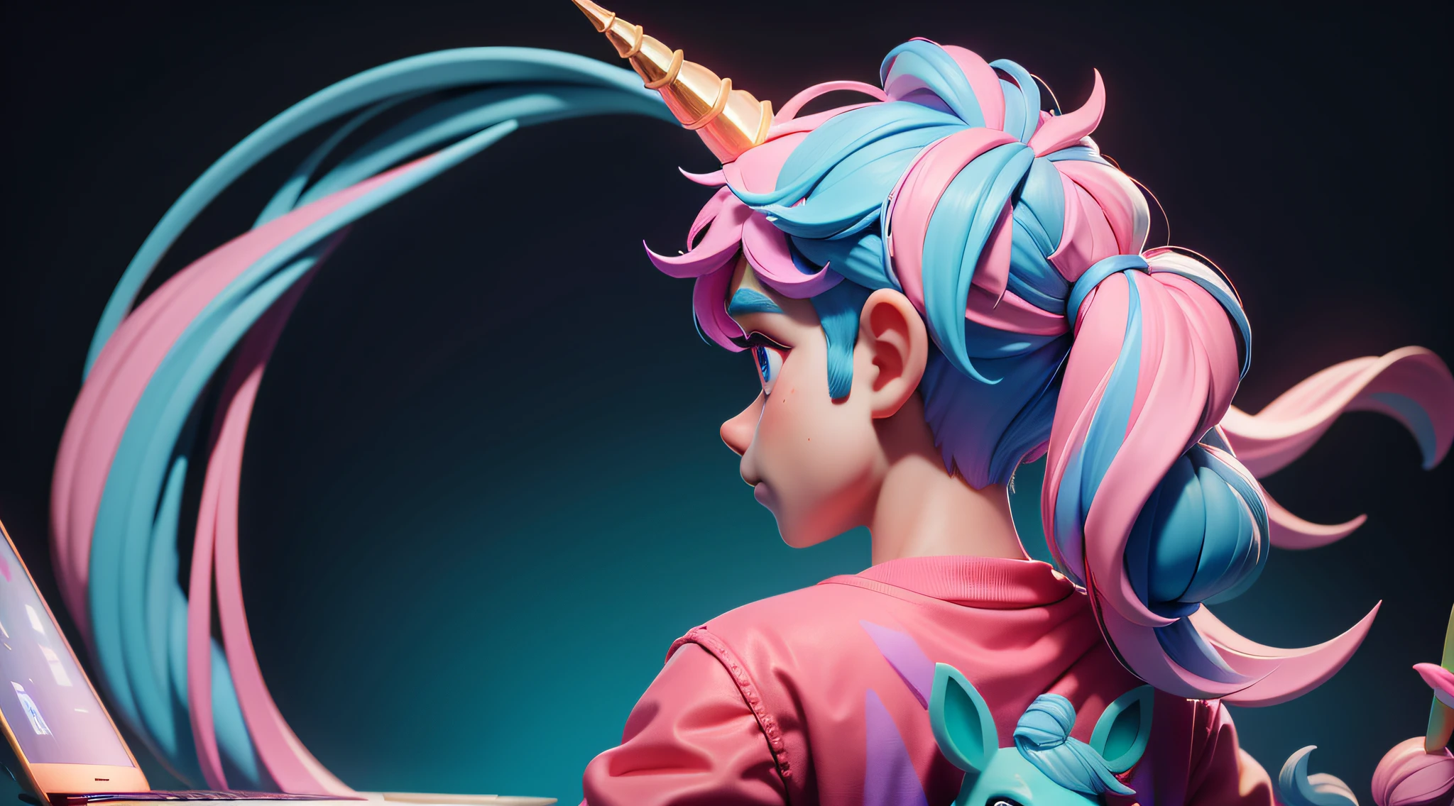 a boy with unicorn head, colorful, masterpiece, 3dmm style, he is looking at laptop, view from behind him