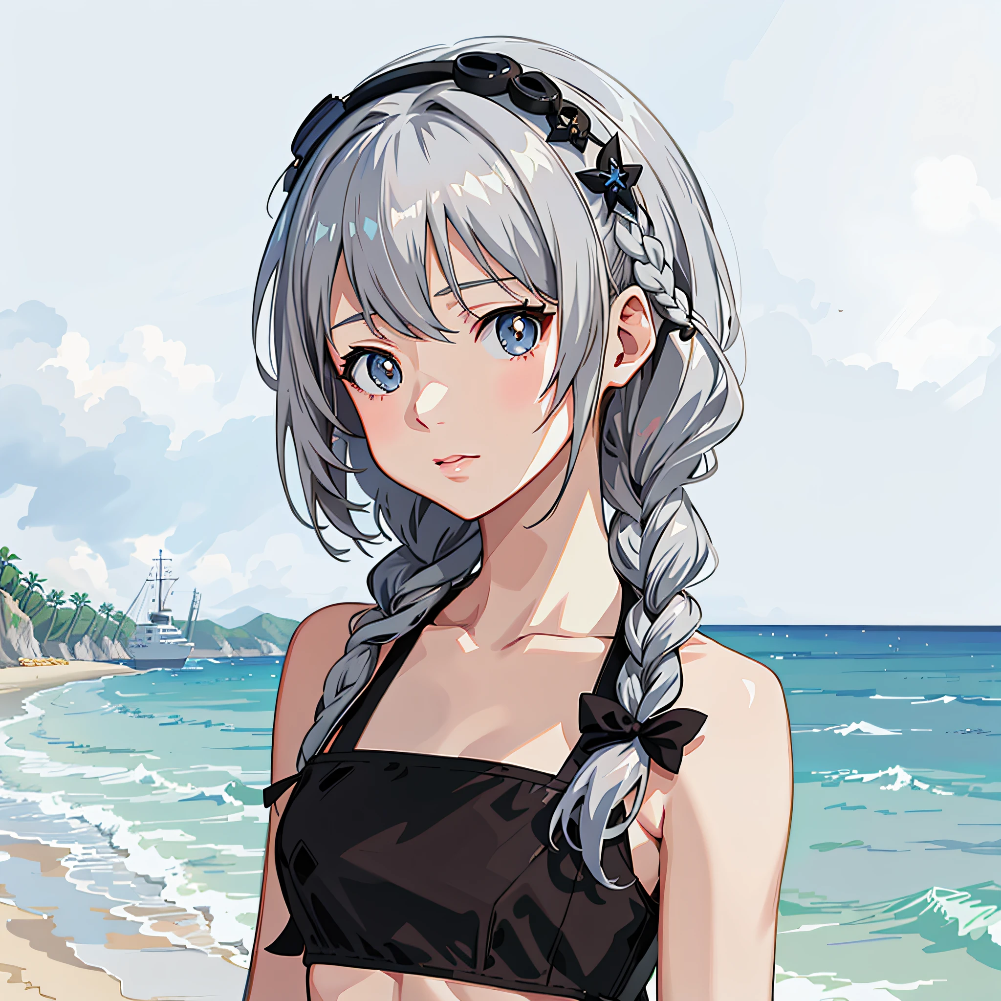 anime girl with long gray hair standing on beach near ocean, kantai collection style, anime style portrait, realistic anime artstyle, high quality anime artstyle, from girls frontline, digital anime illustration, anime artstyle, portrait anime girl, beautiful anime portrait, artwork in the style of guweiz, realistic anime art style, silver hair girl, beautiful anime art style