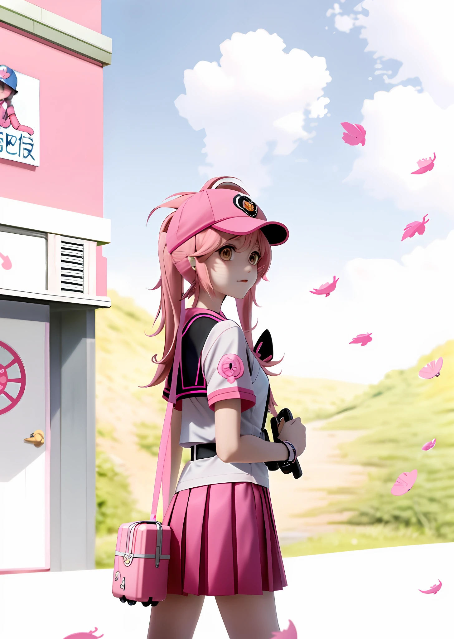 Anime loli wearing baseball hat holding pink suitcase, humanoid pink female squid girl, anime girl named Lucy, anime manga robot!! Color style of anime loli, yuru lily, kinomoto cherry blossom, Aya Takano, inspired by Reiko Ikemura, gadget hacker wrench, Shinji, Umaru-chan, Junko Enoshima, anime characters