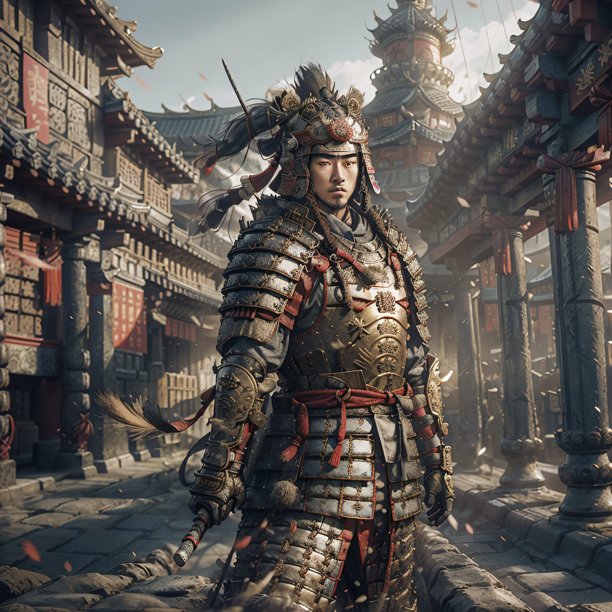 dim 3D post-war scenes; bleak atmosphere; Chinese background of the Qin Dynasty; A young man dressed in a samurai suit with armor, with a head-to-body ratio of 1:2, looks back at the movement of the city wall; Expression of pain; Holding weapons; The texture of the picture is textured and matte for clay --auto --s2