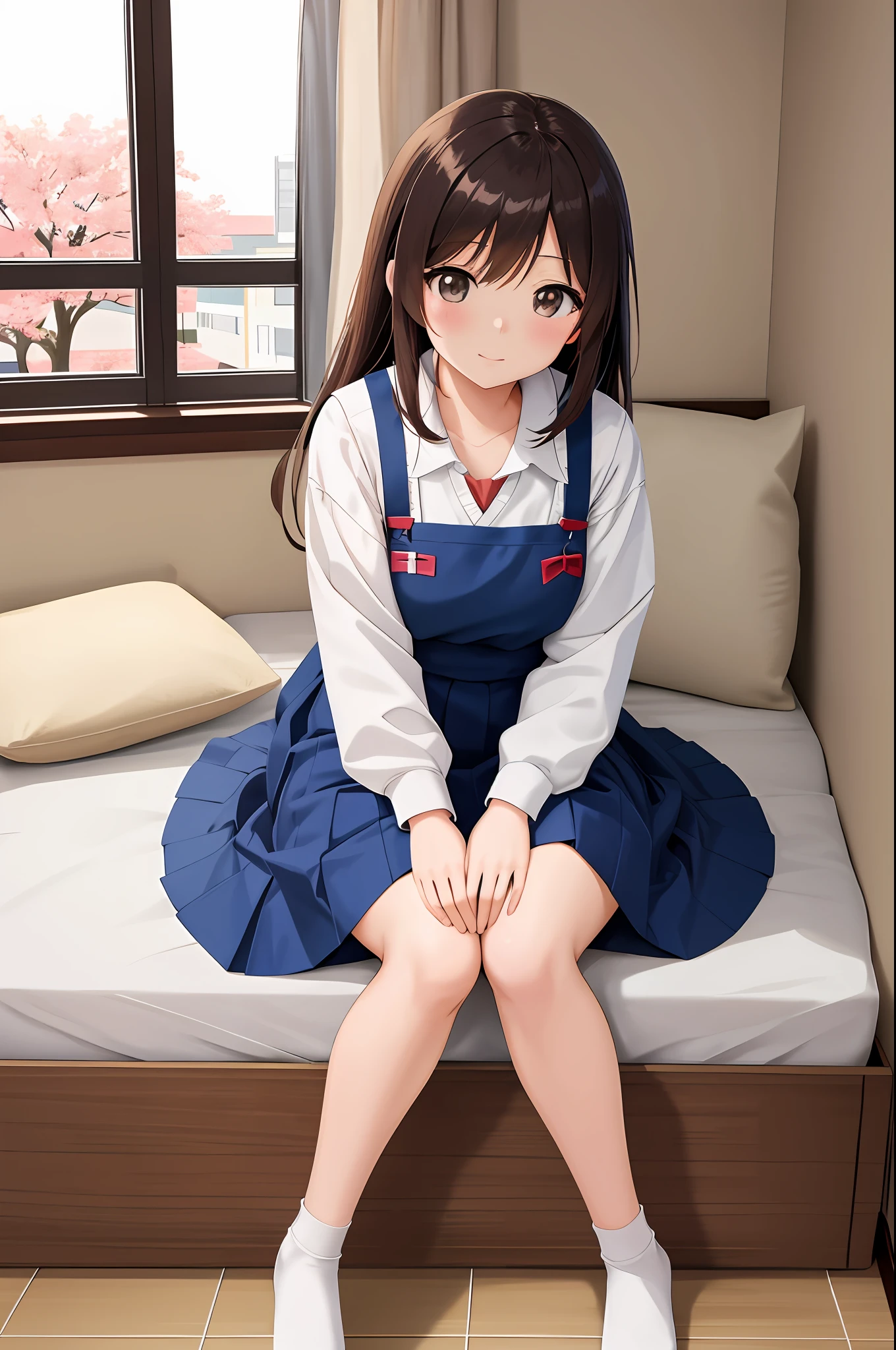 anime girl sitting on a bed with her legs crossed, an anime drawing by Shitao, pixiv, shin hanga, a hyperrealistic schoolgirl, hyperrealistic schoolgirl, realistic schoolgirl, cute schoolgirl, beautiful anime high school girl, seductive anime girl, the anime girl is crouching, smooth anime cg art, photorealistic anime girl render