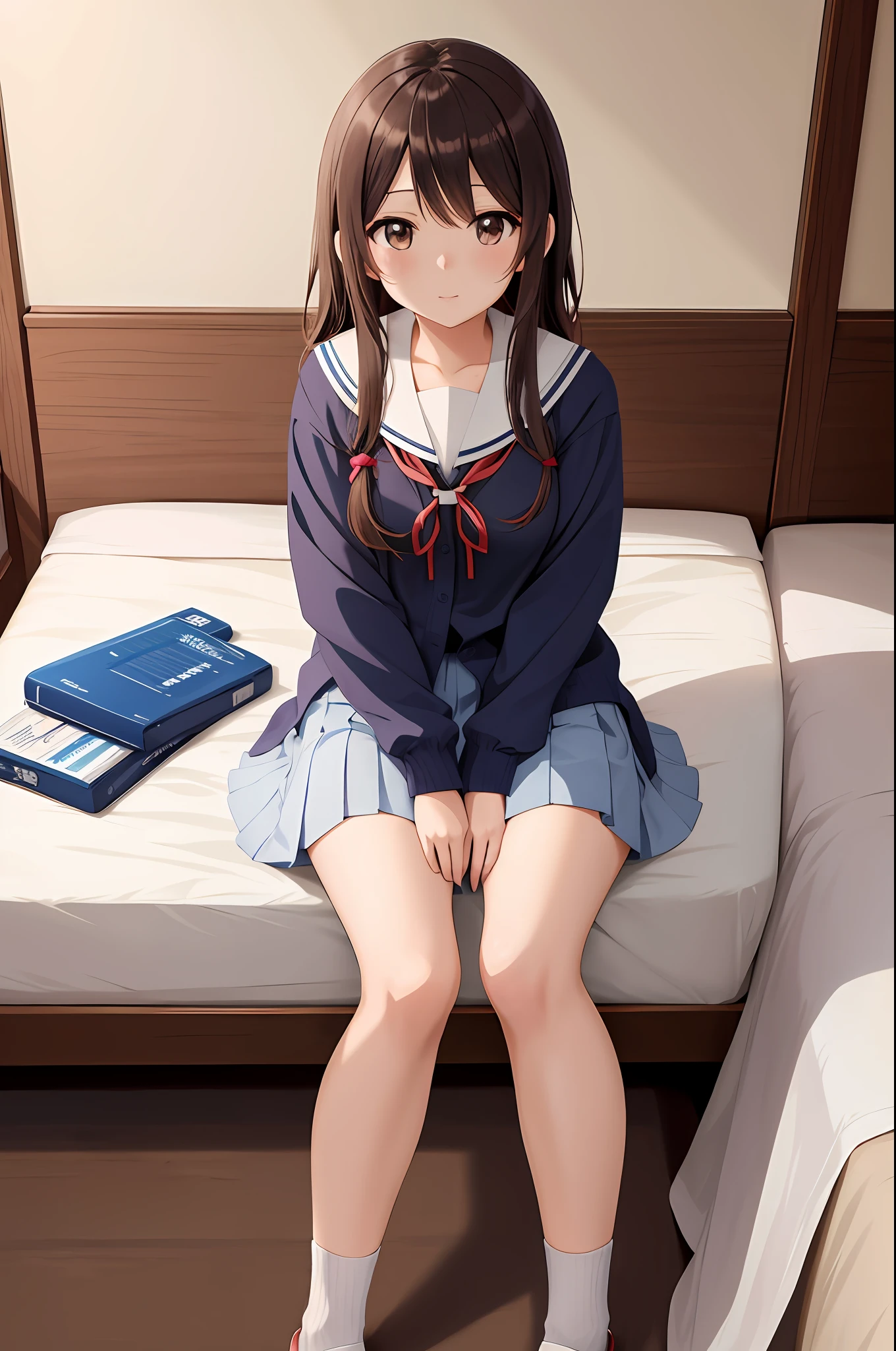 anime girl sitting on a bed with her legs crossed, an anime drawing by Shitao, pixiv, shin hanga, a hyperrealistic schoolgirl, hyperrealistic schoolgirl, realistic schoolgirl, cute schoolgirl, beautiful anime high school girl, seductive anime girl, the anime girl is crouching, smooth anime cg art, photorealistic anime girl render