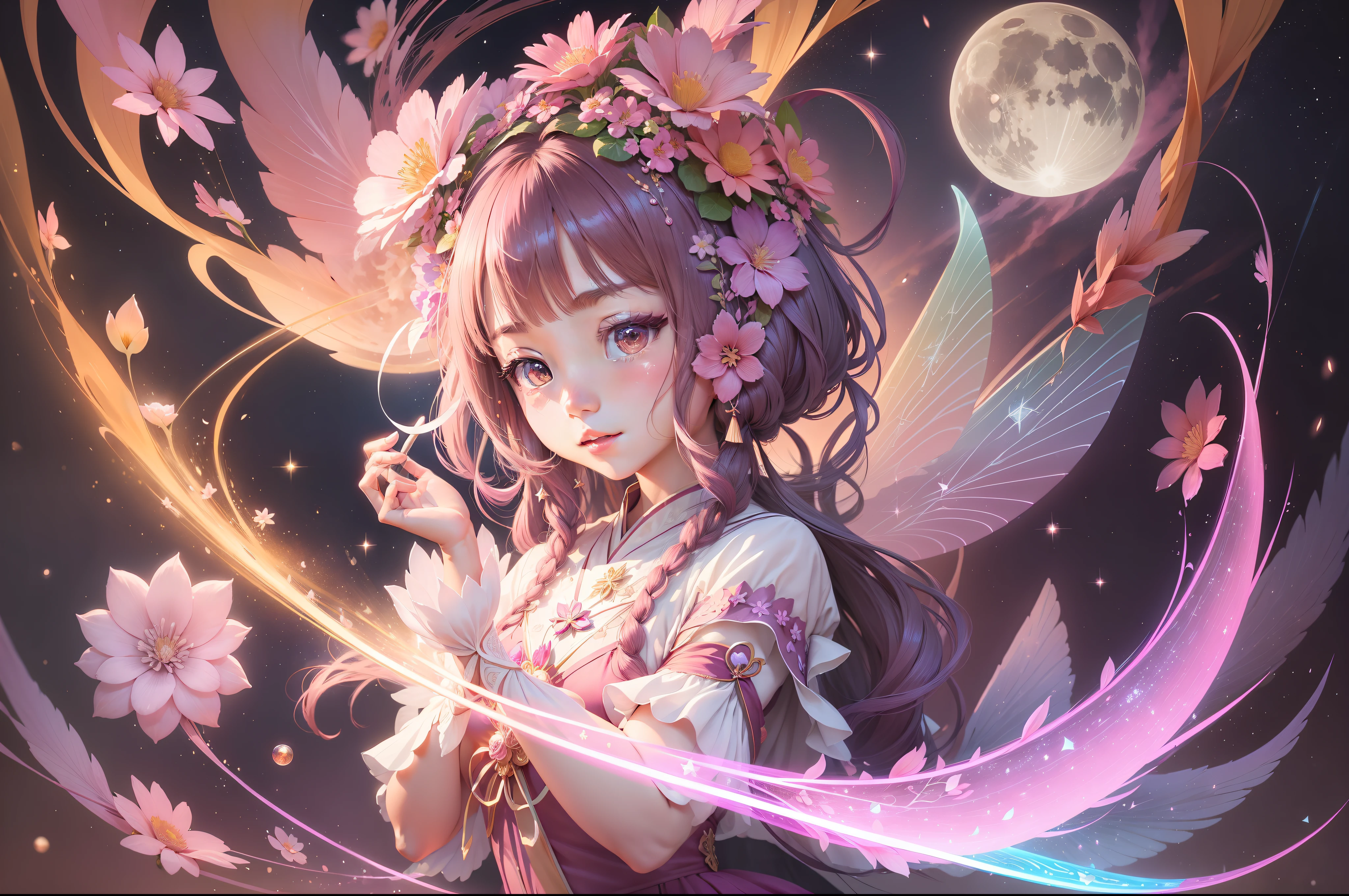 （（最佳质量））， （（杰作））， Fairy of flowers, sparkling pink dress, magic wand, sprites, flying, jumping, magical elements, colorful flowers, stars, moon, flowers, sparkling crystals, rainbow-colored light, sense of mystery, vibrant and bright, full of energy.