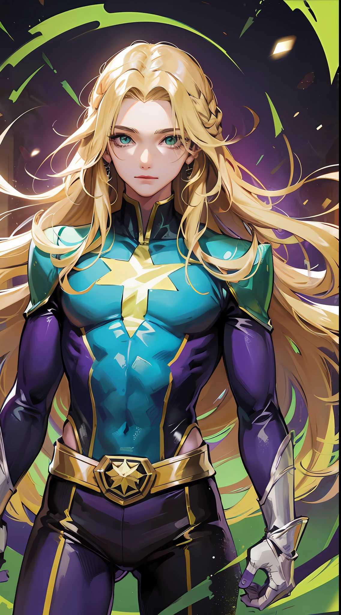 Young boy, long blonde hair, green eyes, purple superhero uniform, super speed, masterpiece, high quality
