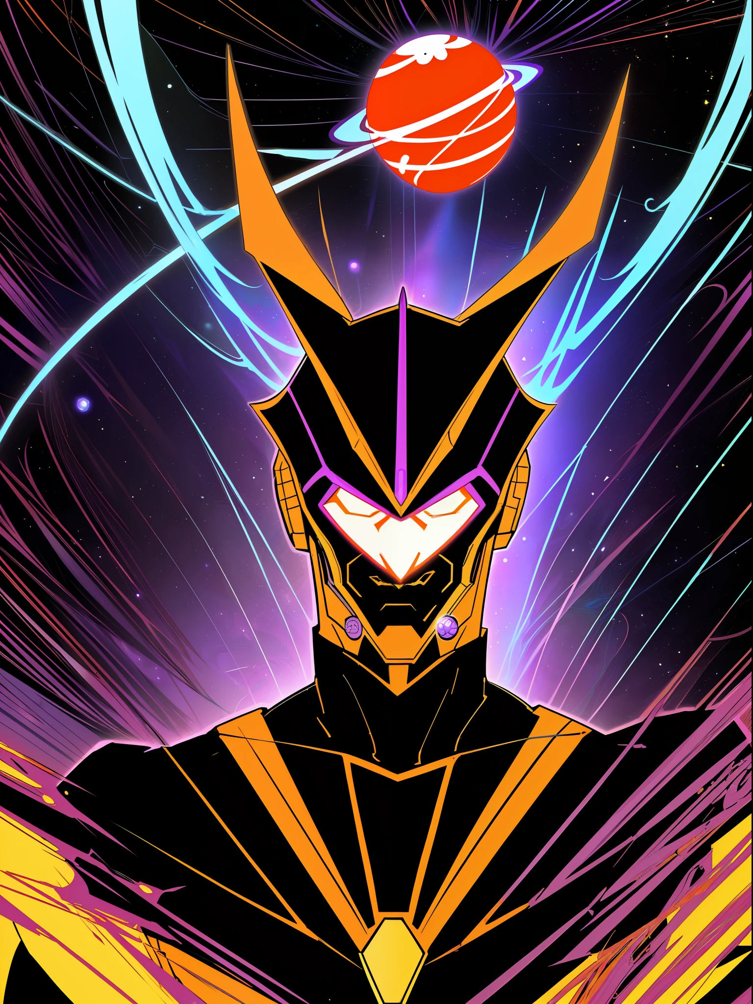 1 boy, (comic style:1.3), (line art:1.5), (battle scene),(masterpiece, award winning, best quality:1.3), (solo), an evil space god with a sphere for a head,  in space, wearing purple and orange spandex, mr_sinister_cape, cinematic, masterpiece, detailed background, detailed material textures, negative space, by Jack Kirby, serious