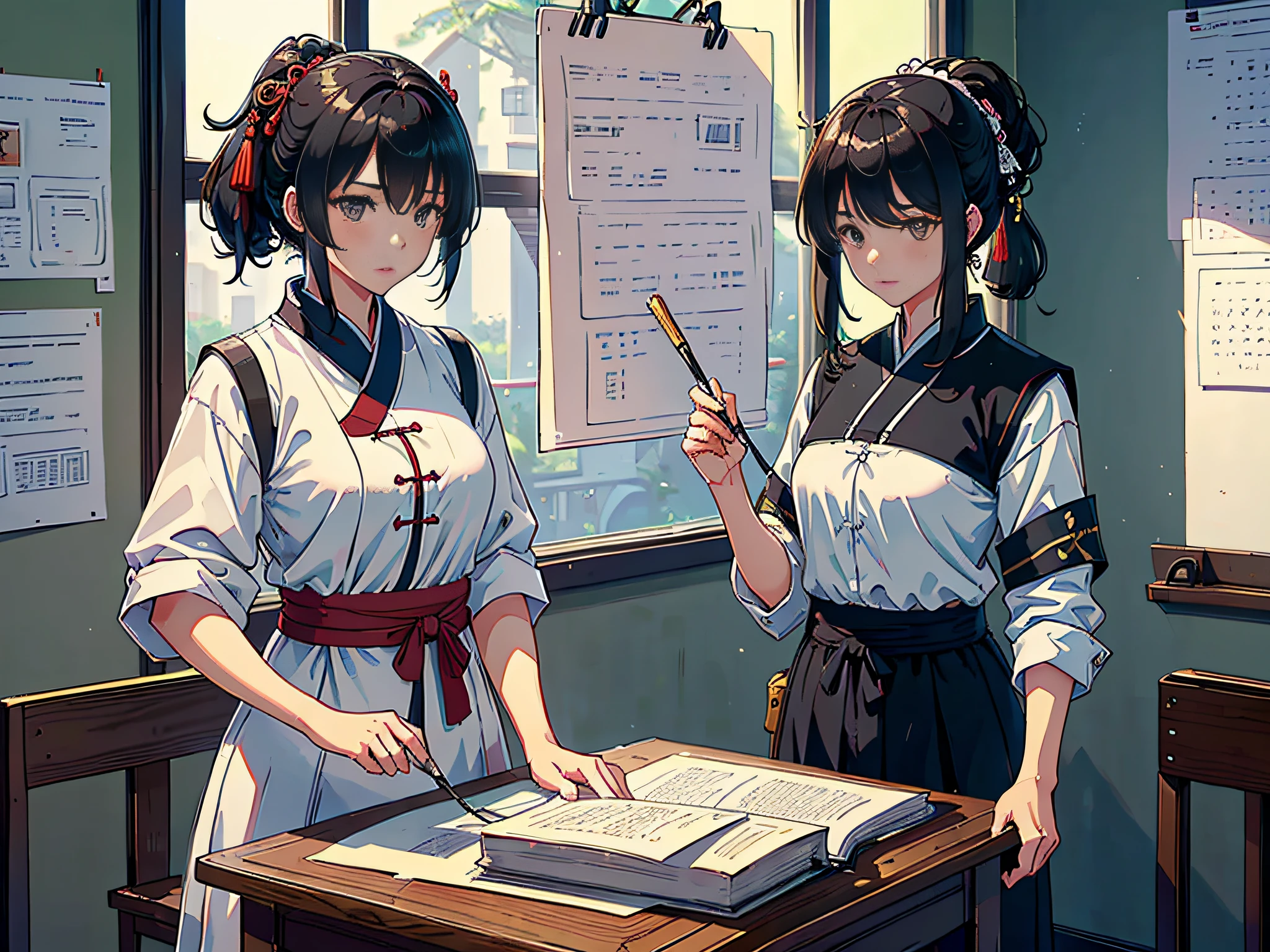 At noon, the exam was underway, the female proctor and classmates were looking at me, two female proctors walked into the classroom, holding top secret file bags, two female proctors wearing white T-shirts and short black hair, this female proctor looked at the camera, the lens mainly featured the upper body, in the Loepfe art style ((Xinhaicheng), popular in CGStation, Xinhaicheng H 2160, inspired by Bian Shoumin, Xinhaicheng, Kavassi, Guwitz's style, high-quality pictures, 4K, 8K, resolution,