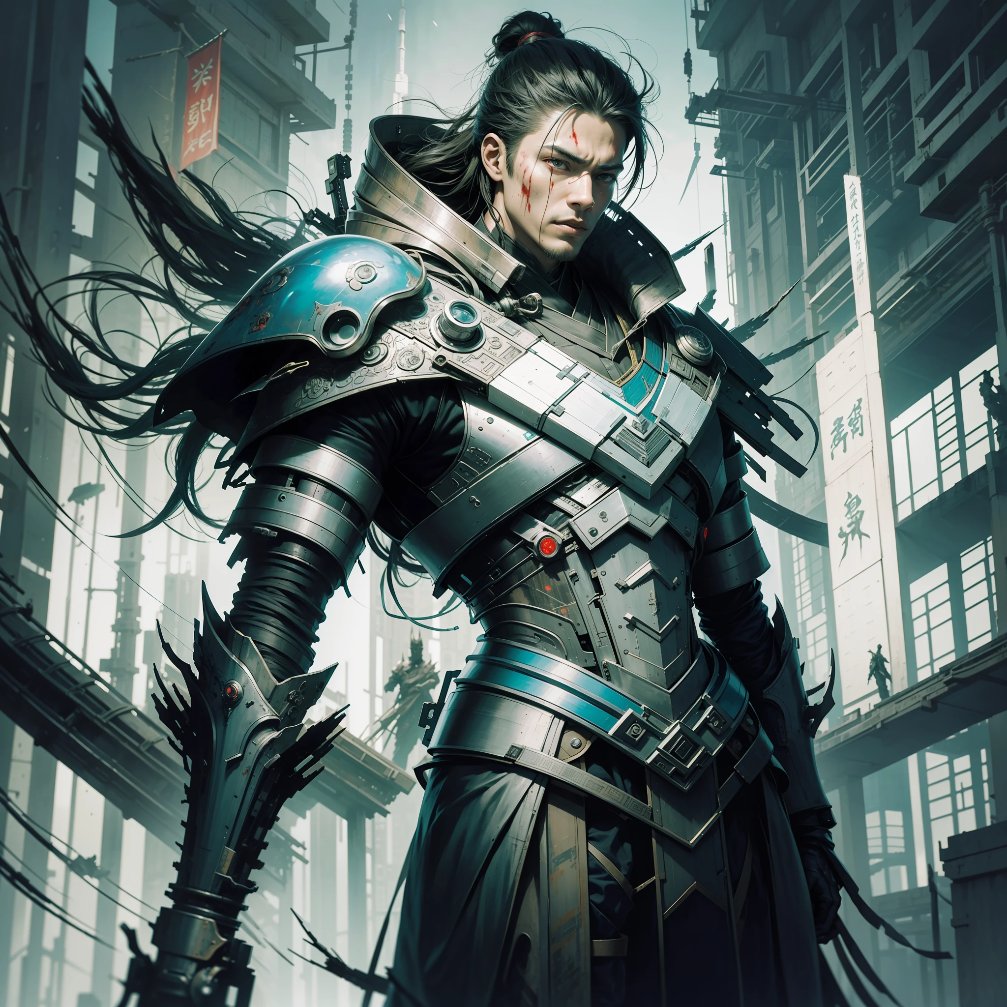 A handsome boy in ancient China, wearing a hood, full body, amazing facial features, blood stains, sharp eyes, cyberpunk, holographic aura, surreal science fiction art, futuristic science fiction aesthetics, Hanfu (tattered, torn), mecha, complex design, game model, movie edge light, delicate light, masterpiece, super detailed, epic composition, super HD, high quality, highest quality, 32k --niji 5
