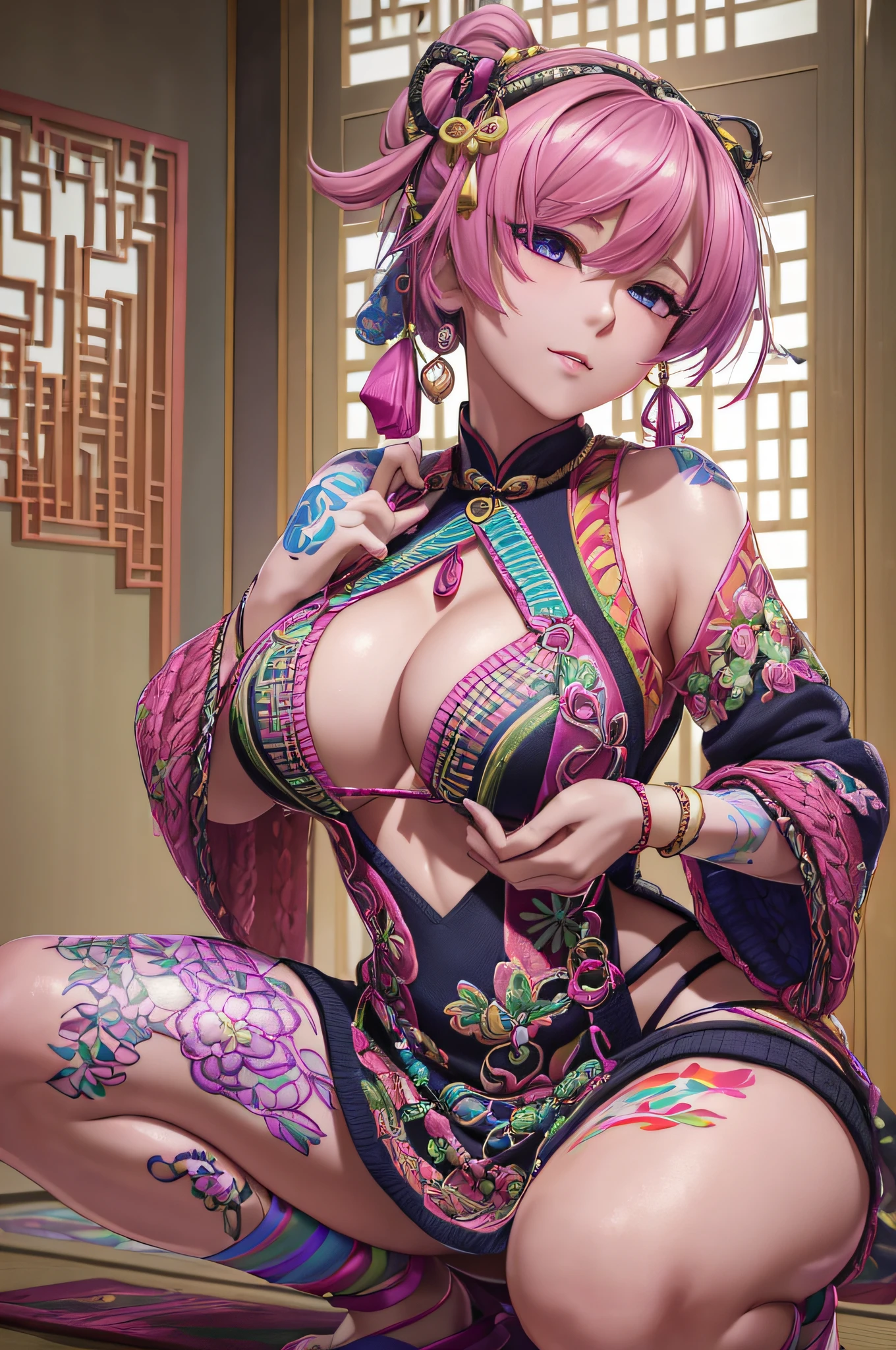 nighttime,long shot,Genshin Impact:Yae Miko,Squatting,(((Wearing vibrant rainbow color scheme art, Suzhou embroidery technology; knitted sweater hole dress))),Masterpiece,best quality,official art,extremely detailed 3DCG unity 8k, ( ##tattoo ##,tattoo, ~+ tattoo), (erfect female curves, huge stacked breast and proud cleavage),(A seductive gaze), Facing the camera, Pink lips,Delicate fingers and hands,magic hour, Rembrandt lighting, front lighting and fill lighting, hard shadow, Arnold render,