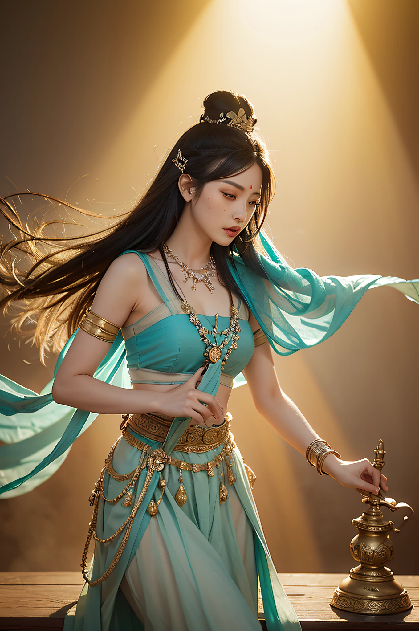 1girl, Dunhuang Flying Apsaras costume, messy long hair, Ji Jian, Dunhuang style, a lot of smoke, superb, elegant colors, (realistic, high detail, masterpiece, super detailed, dynamic angle, mural background, ink wash, amazing, movie lighting, illustration, chiaroscuro, backlighting, god rays, holland, best quality, best quality
