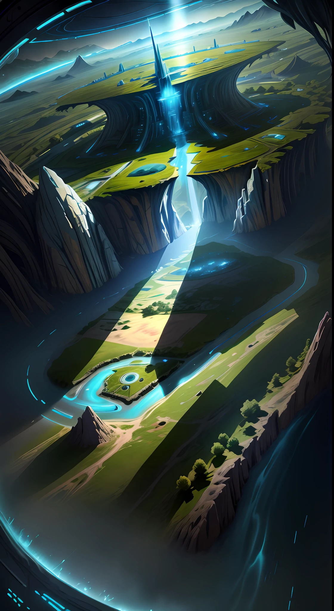 There is water in the middle next to the land, ProtossAI, no one, technology, close-up, science fiction scenes,