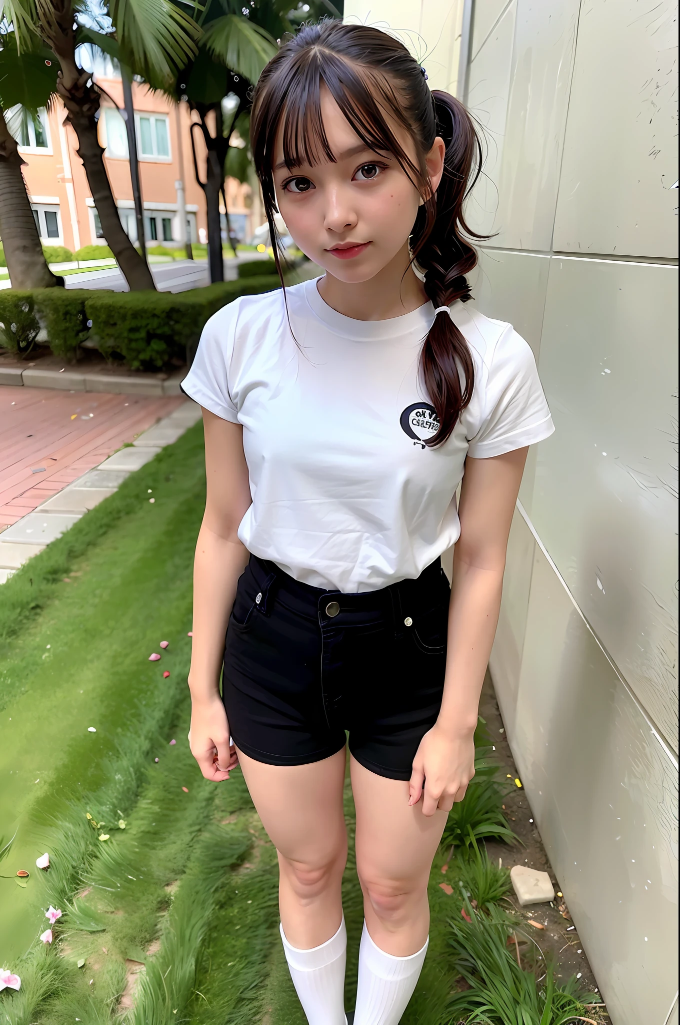 Top quality, ultra high resolution, (photorealistic: 1.4), 1 girl, white short sleeves, look at the viewer, close-up, elongated legs, small, black shorts, dazzling light, 15 years old, long ponytail, standing figure,