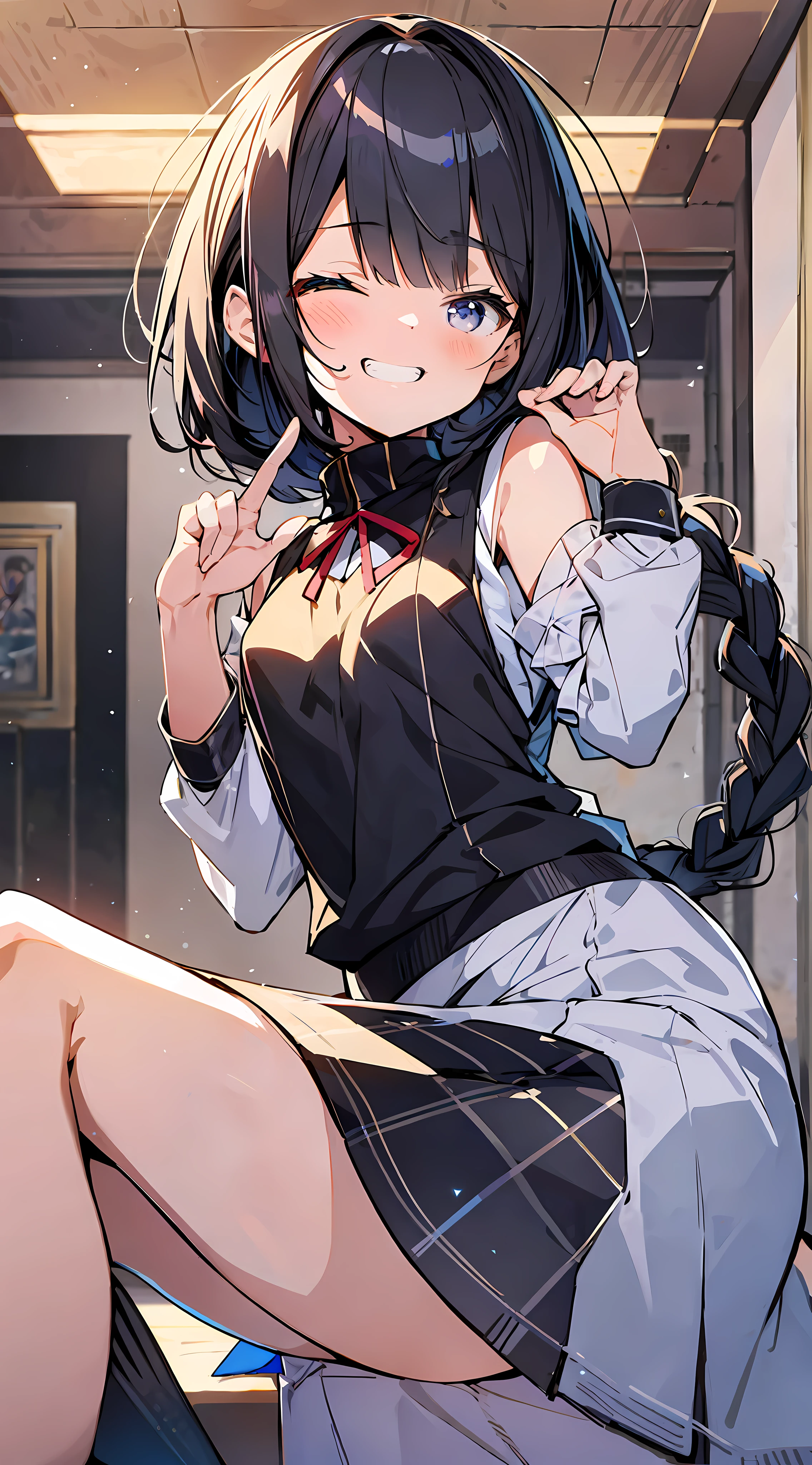 anime girl in school uniform sitting on the floor with her hands on her hips, kantai collection style, anime moe artstyle, small curvy loli, marin kitagawa fanart, seductive anime girl, loli in dress, twintails, hana yata, best anime 4k konachan wallpaper, hanayamata, azur lane style, teasing smile