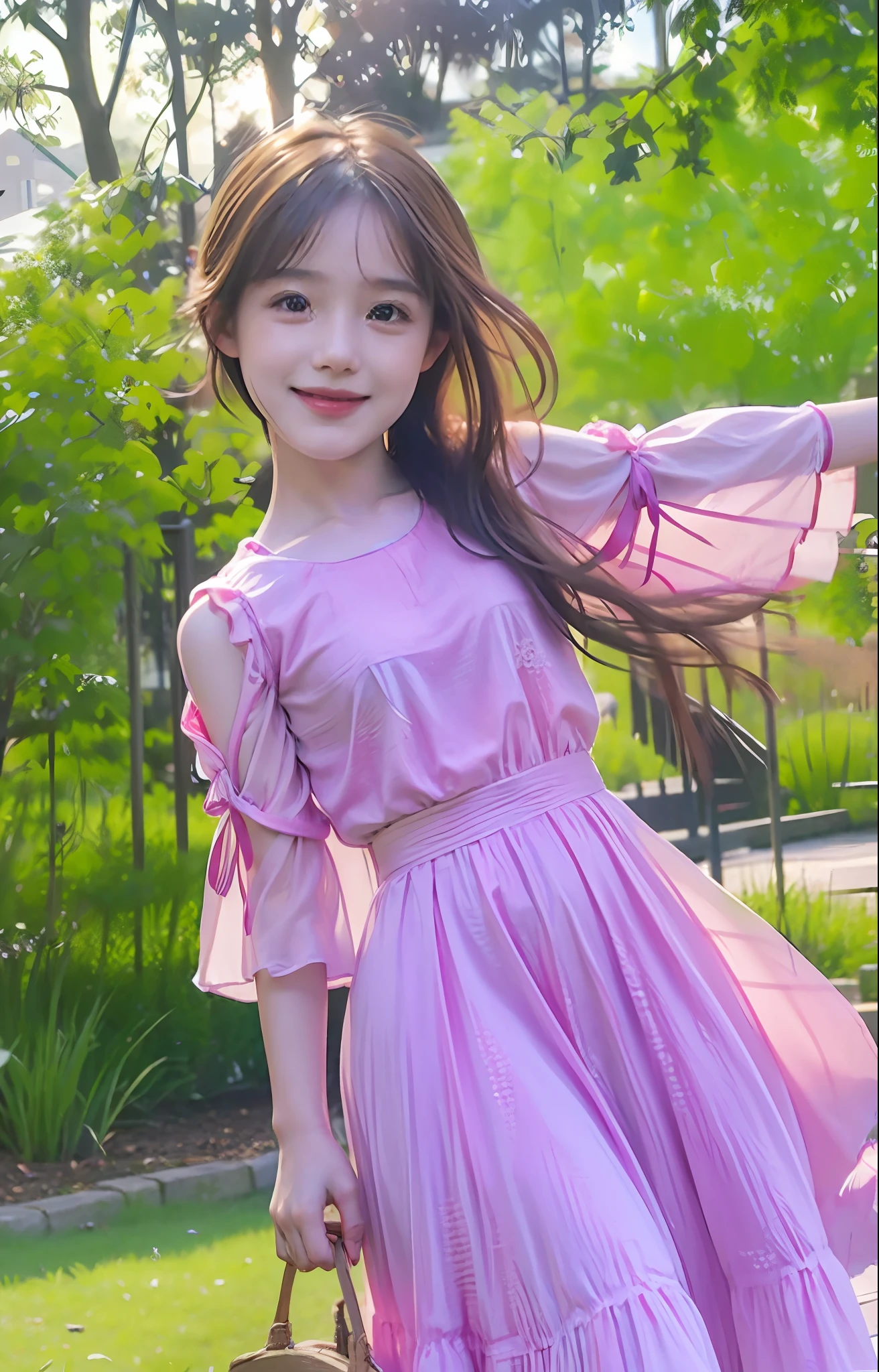 (Masterpiece, best quality), a little English girl on the lawn, model, white children's dress long dress, fine facial features, fine clothing details, sunshine, smile