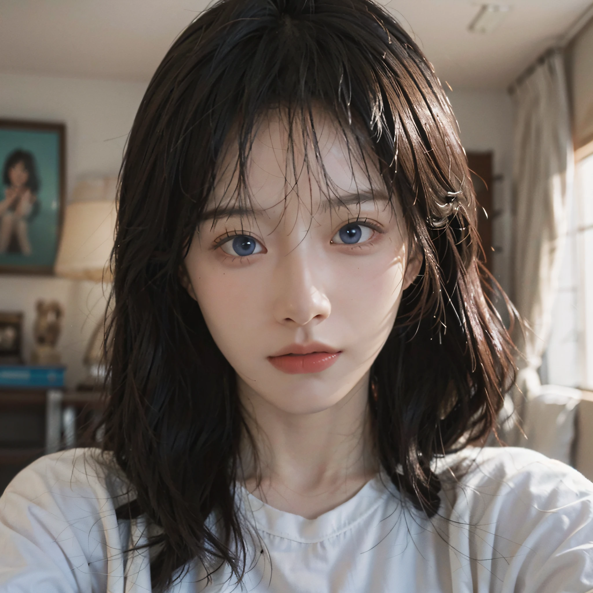 8K, Best Quality, Masterpiece, Ultra High Resolution, (Realism: 1.4), Original Photo, (Real Skin Texture: 1.3), (Film Grain: 1.3), (Selfie Angle), 1 Girl, Beautiful Blue Eyes and Face Details, Masterpiece, Best Quality, Close Up, Upper Body, Looking at the Viewer, White T-shirt, In the Room, Transparent Skin