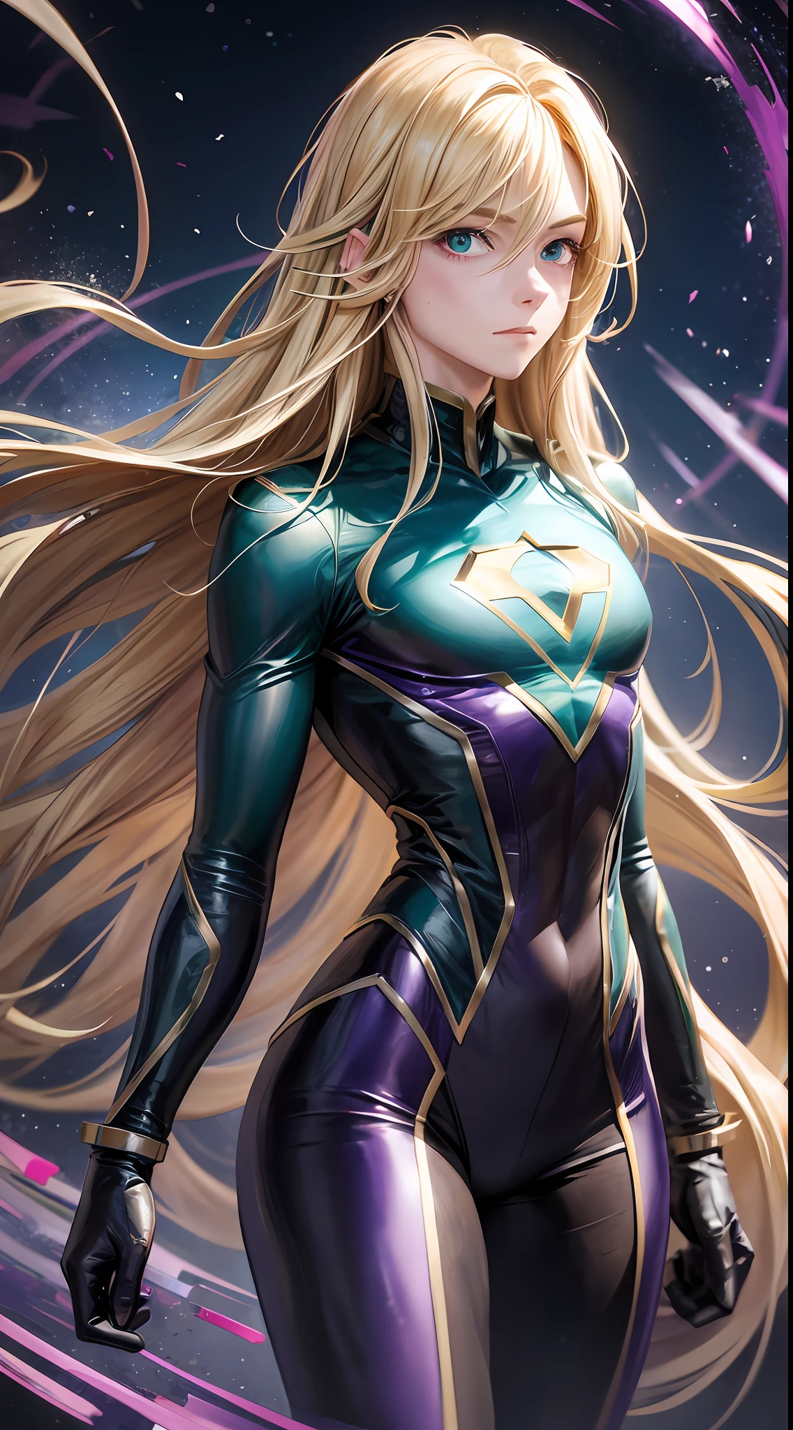 Young boy, long blonde hair, green eyes, purple superhero uniform, super speed, masterpiece, high quality