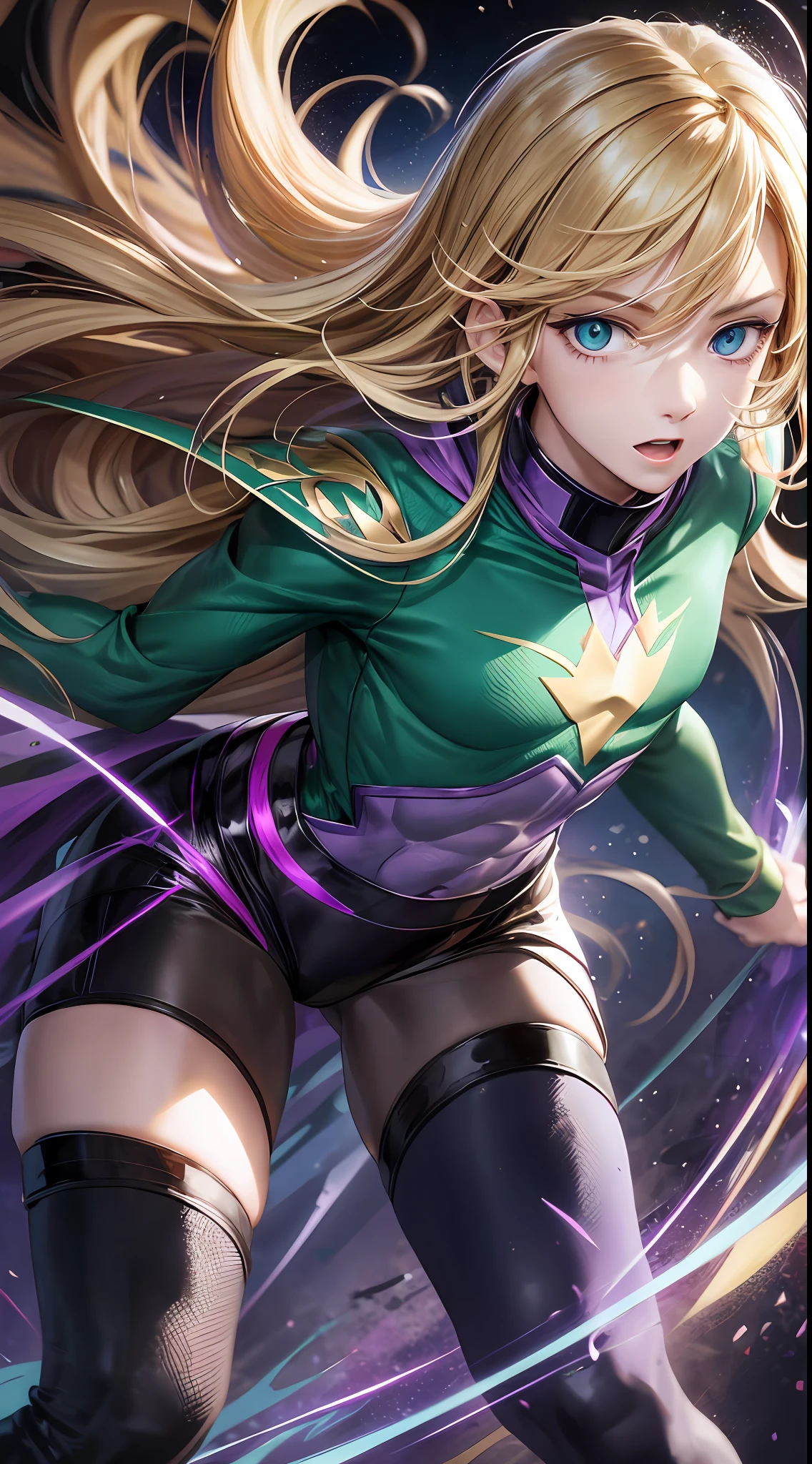 Young boy, long blonde hair, green eyes, purple superhero uniform, super speed, masterpiece, high quality