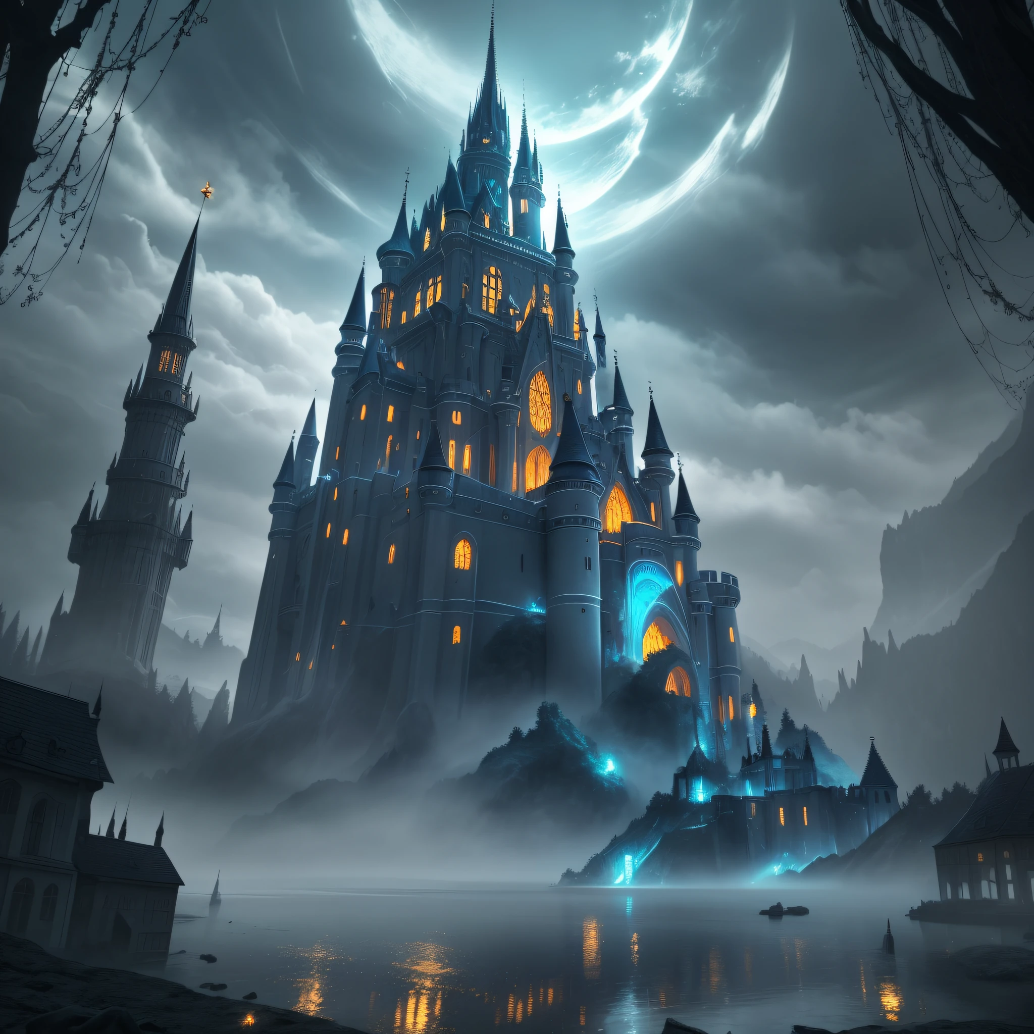 Ewald Rübsamen style Extreme Close-Up Shot of (Darkling:1.3) of Phase Shift, Fairy Tale Castle, Misty, Underwater, masterpiece, trending on artstation --auto --s2
