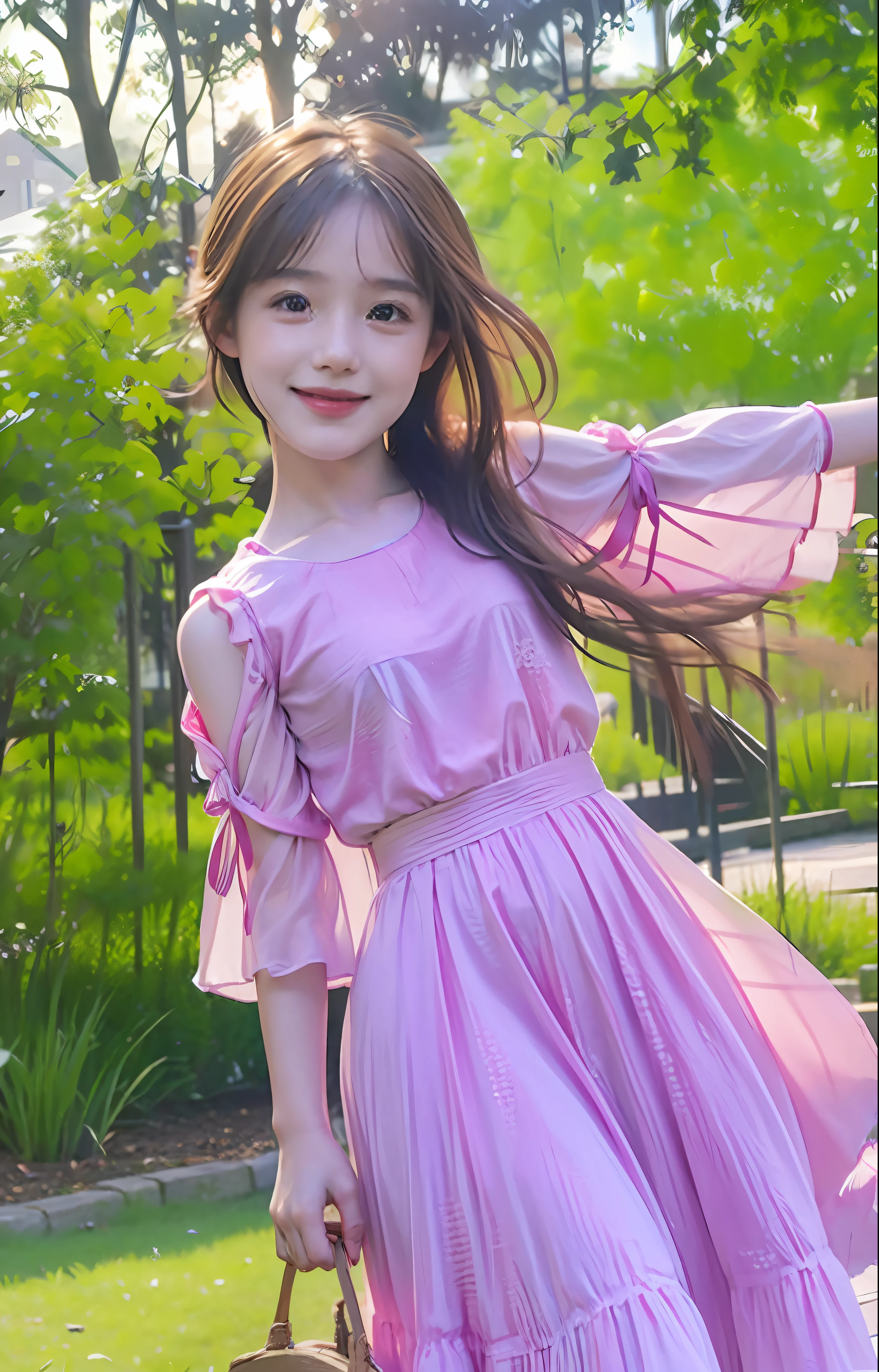 (Masterpiece, best quality), a little English girl on the lawn, model, white children's dress long dress, fine facial features, fine clothing details, sunshine, smile