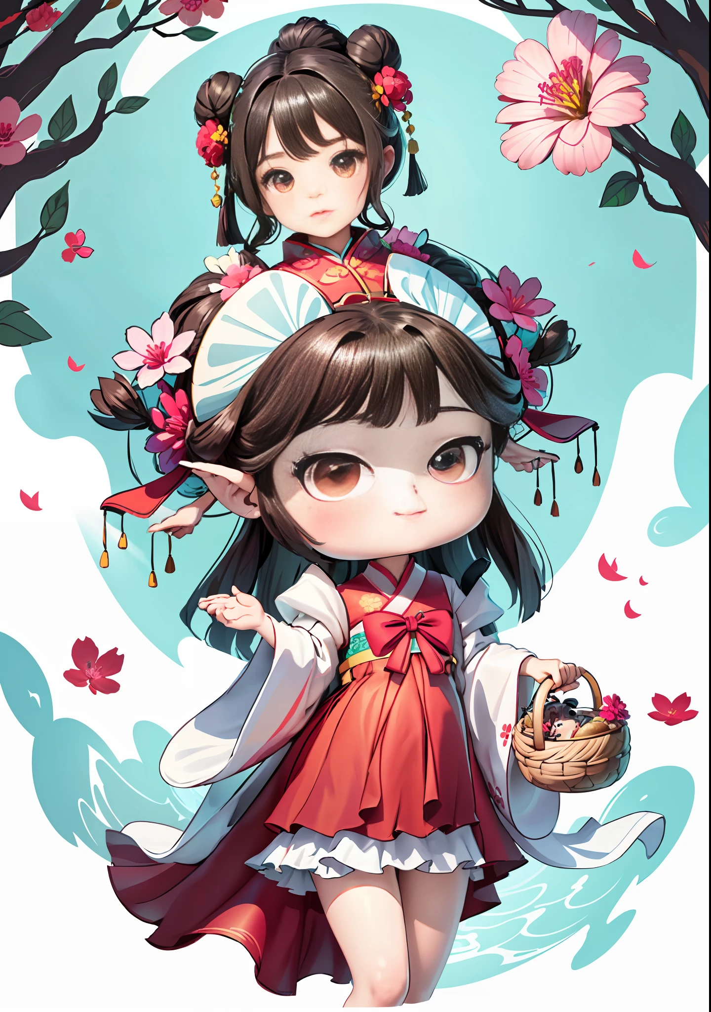 Cartoon girl holding a basket of flowers in her hand, girl in Chinese-style costume, dark brown hair, ancient Chinese hair bun, another hand holding a bowl with dew, red bow, cyan skirt, white water hibiscus flowers on both sides of the hair, some metal flower headdresses, the scene has two butterflies playing, the color blocks are bright, the colors are bright, the colors are bright, the line art, infinite details, fine painting, beautifully depicted, blank background 8k,