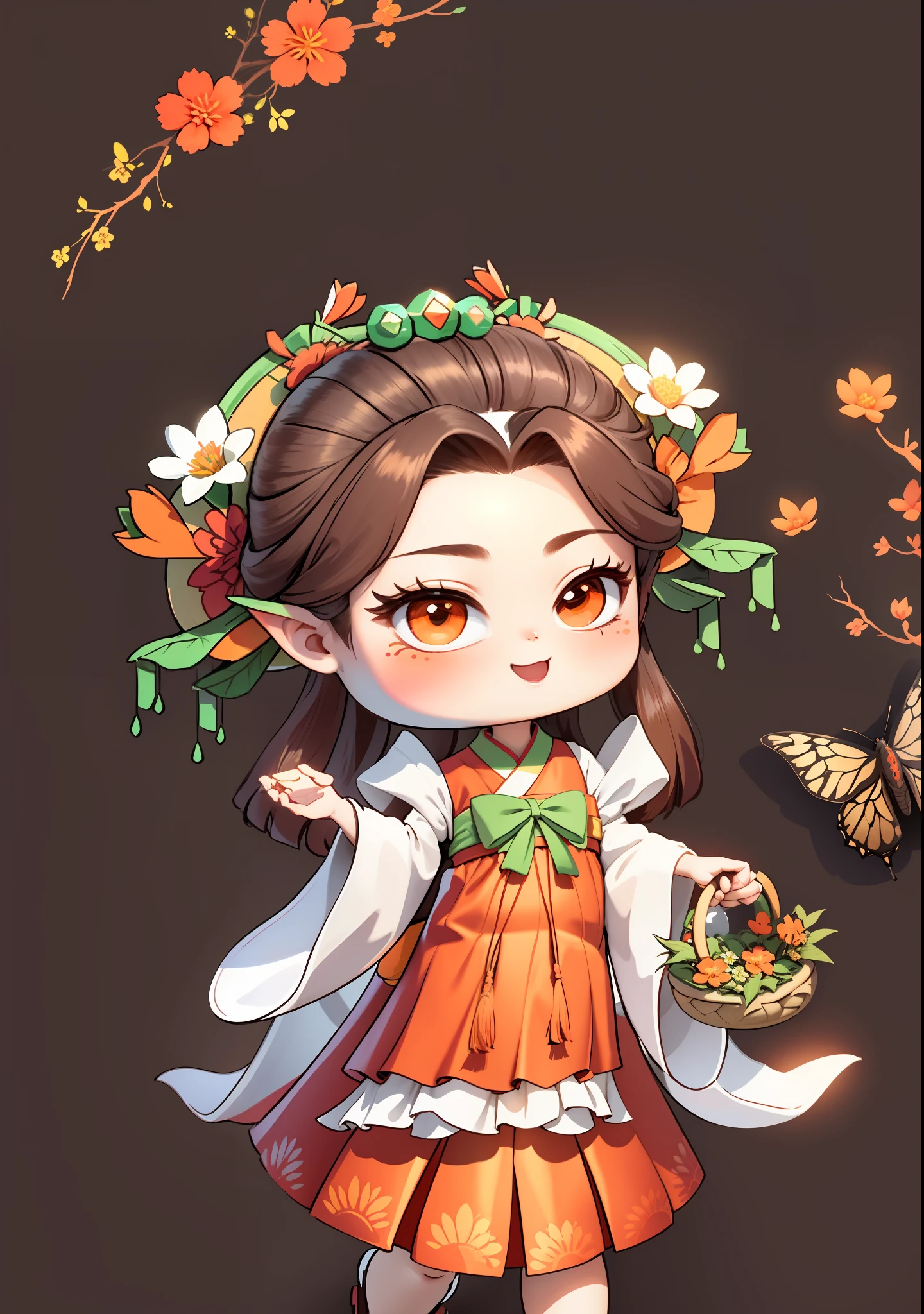 Cartoon girl holding a basket of flowers in her hand, girl in Chinese-style costume, dark brown hair, ancient Chinese bun, other hand holding a bowl containing dew, orange-red bow, emerald-colored skirt, white water hibiscus flowers on both sides of the hair, some metallic flower headdresses, the scene has two butterflies frolicking, the color blocks are bright, the colors are bright, the colors are bright, the line art, infinite details, fine painting, beautifully depicted, blank background 8k,