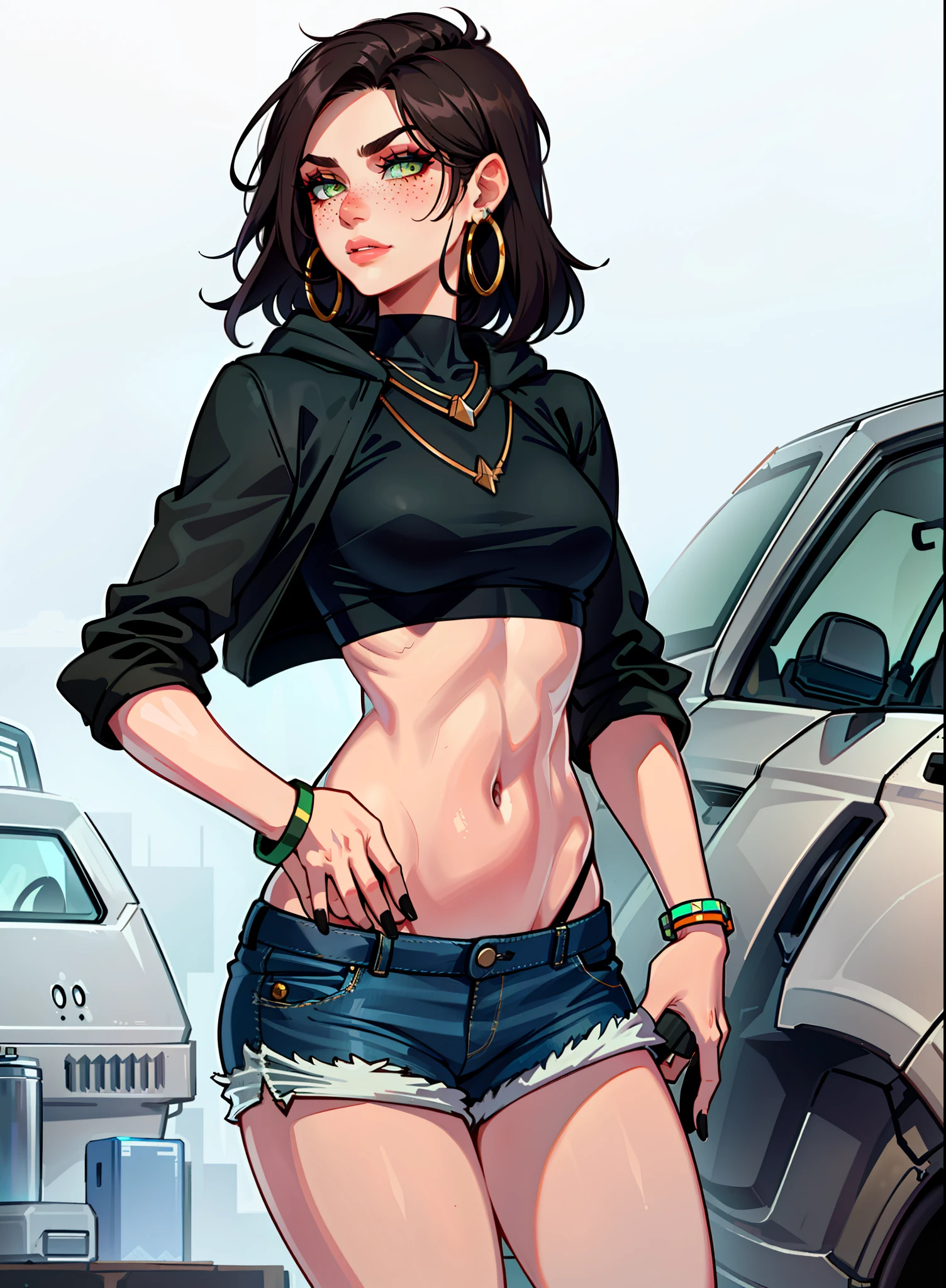 1girl, 1 person, solo female, has short, messy dark brown hair that she usually wears in a tousled style. Her face is angular with high cheekbones, a straight nose, and full lips. She has bright green eyes that are often smudged with black eyeliner, giving her a slightly edgy look. Her skin pale and dotted with a few freckles across her nose and cheeks. tall and lean with a toned, athletic build from years of playing sports. broad shoulders and a narrow waist, giving her an androgynous look. Casual clothing like croptop, hoodies, and ripped short jeans. combat boots and accessorizes with simple jewelry like leather bracelets or silver hoop earrings. Despite her tomboyish style, she still likes to show off her femininity with small touches like painted nails or a delicate necklace.
