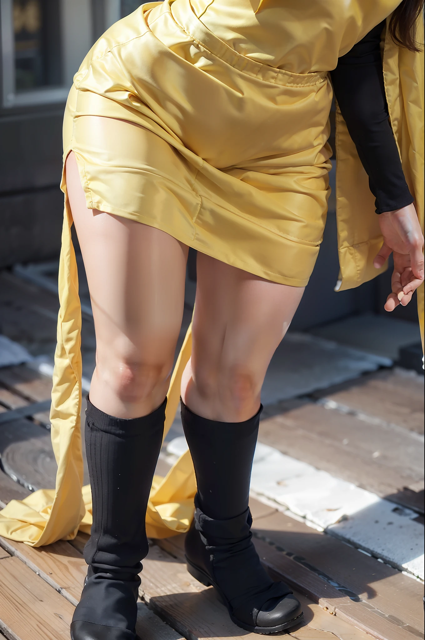 1girl, 20 years old, (simple background: 0.6), full body close-up, (single, perfect body: 1.2, full body: 1.5, young, big breasts: 1.2), detailed face, yellow cloth, yellow gorgeous dress, funny outfit, tights suit, black stockings, gorgeous Chinese model, seductive girl, sexy outfit