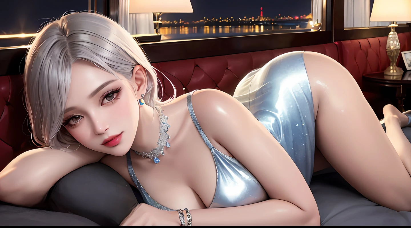 Lying woman, luxury liner, sea, first class, night, exquisite decoration, earrings, full body v6, short gray hair, pronounced cleavage, translucent clothes, clothing patterns, open chest costume, visible, superlative, ultra high definition, raw photo, realism: 1.25), (bright lip gloss, long eyelashes, smooth face, shiny skin, natural shadow, wide light, wide light, depth of field, intense color, Subtle caustics: 0.8), smile, (big), V6,