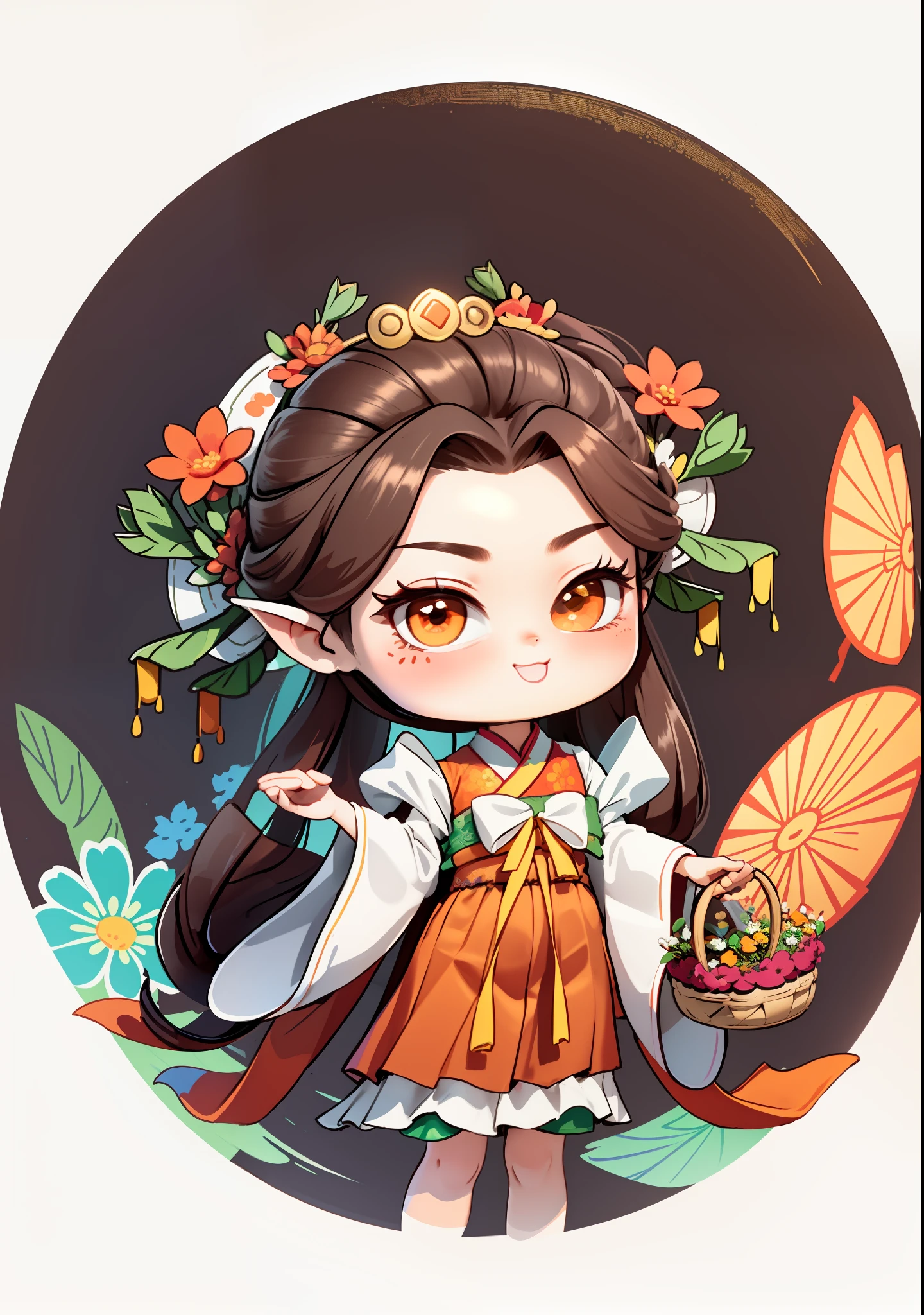 Cartoon girl holding a basket of flowers in her hand, girl in Chinese-style costume, dark brown hair, ancient Chinese bun, another hand holding a bowl with dew, orange-red bow, emerch-colored skirt, white water hibiscus flowers on both sides of the hair, some metallic flower headdresses, the scene has two butterflies frolicking, macaron color, bright color blocks, bright colors, line art, infinite details, fine painting, beautifully depicted, blank background 8k,