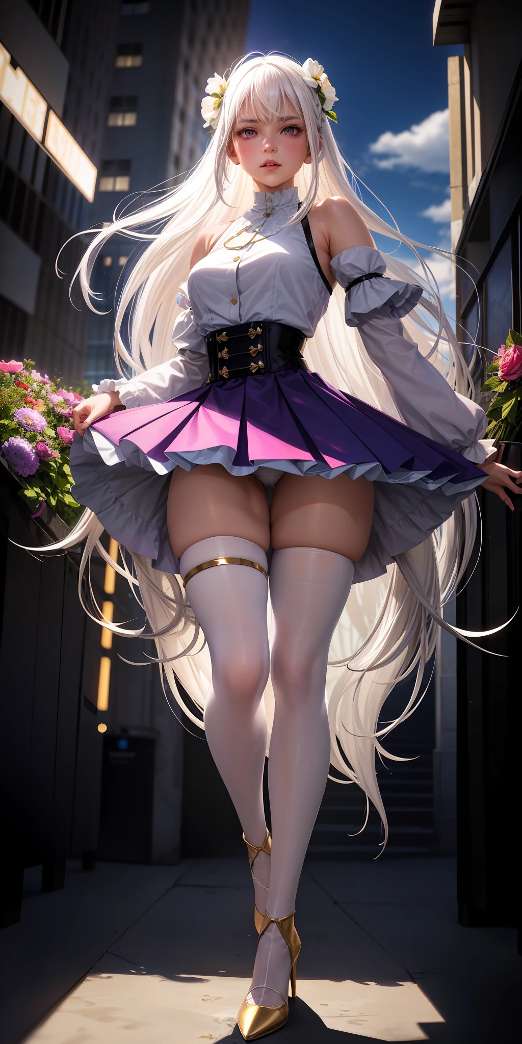 Realistic, 1girl, white hair, purple eyes, glowing eyes, cropped top, skirt, parted lips, blush, flowers, sun, sunlight, golden high heels, stockings, long legs, tall figure, a drag lifted up to expose the crotch, white juice flowing from the crotch, flowing down the leg to the ground