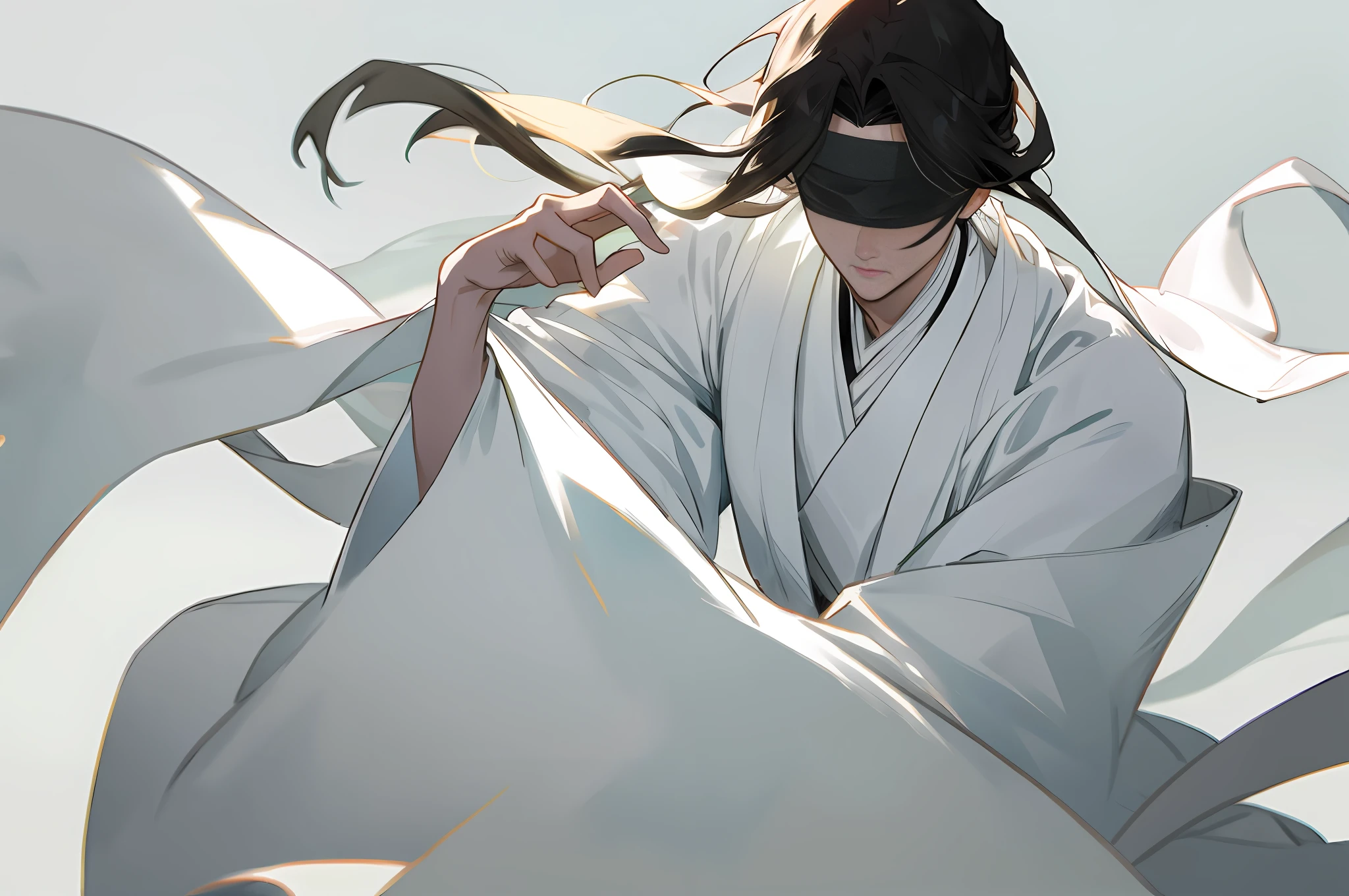 (A blind cool sense of beautiful young man wearing white clothes), flowing sleeves, big watery eyes, (blinded folded,white blindfolded), beautiful face and smooth white skin, delicate face, fluttering black hair, an ancient Chinese handsome guy, wearing ancient Chinese clothing, flowing tulle, light silk,(clean background), ink painting style, clean color, decisive cutting, blank, freehand, masterpiece, super detailed, epic composition, high quality, the highest quality, 4k