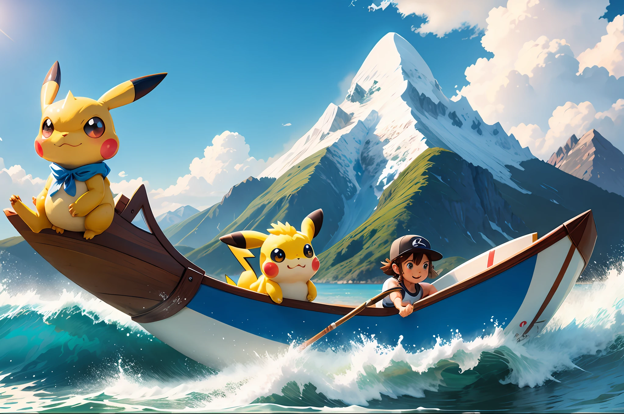 Cute Pokémon Pikachu rowing a dragon boat showing surfing with a blue sky in the background and the silhouette of a mountain looming in the distance