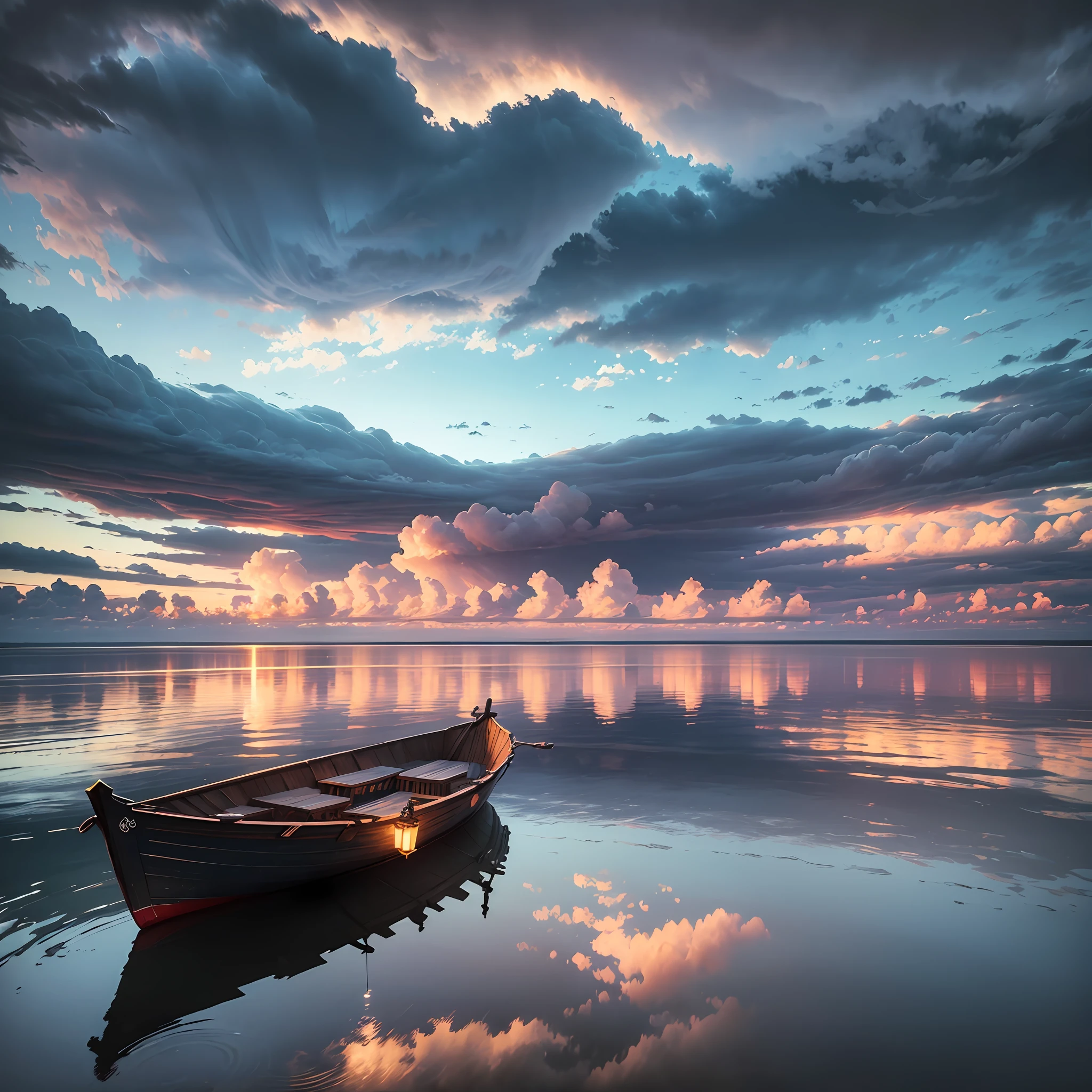 (Real photo: 1.3), shutter, romantic style, boat floating in water, cloudy sky, atmosphere, high in the sky, layers of clouds and atmosphere, dramatic blending of clouds and atmosphere, atmospheric fantasy rising in the sky. --auto --s2