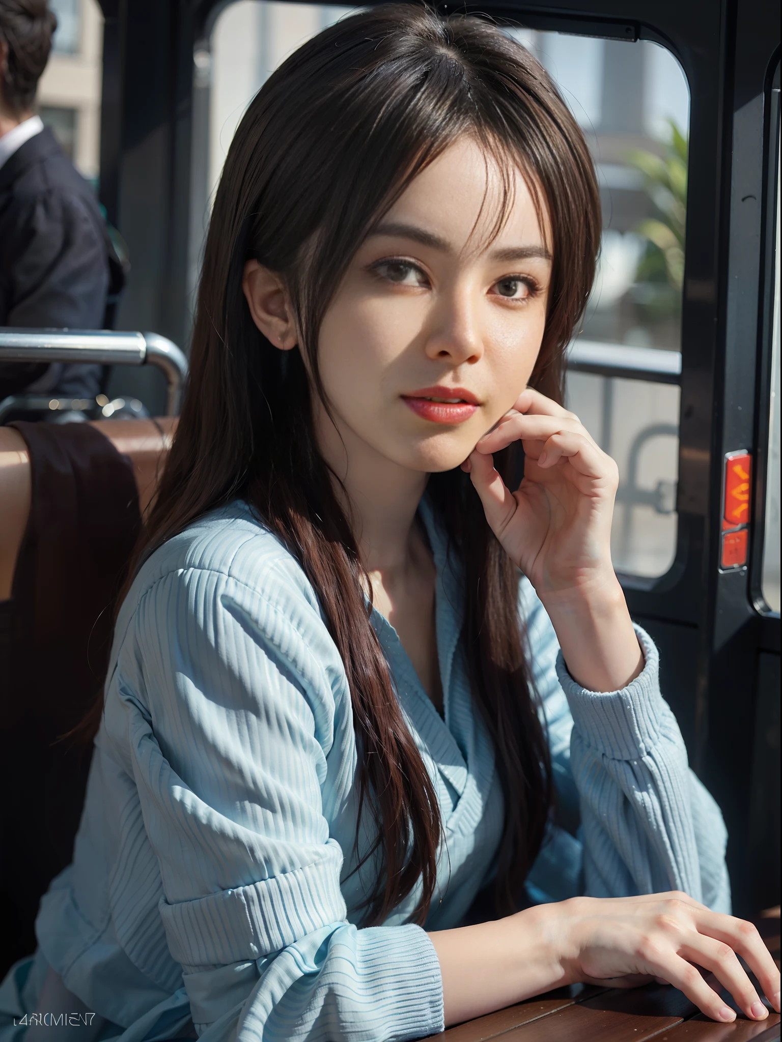 Surrealistic female portrait by David Hockney and Alphonse Mucha, ArtStation, Sony A7M4, close-up of face, 85mm glue, delicate facial features, 4k, 1girl, in the bus, early morning, school clothes, (formal wear: 1.4), long hair,