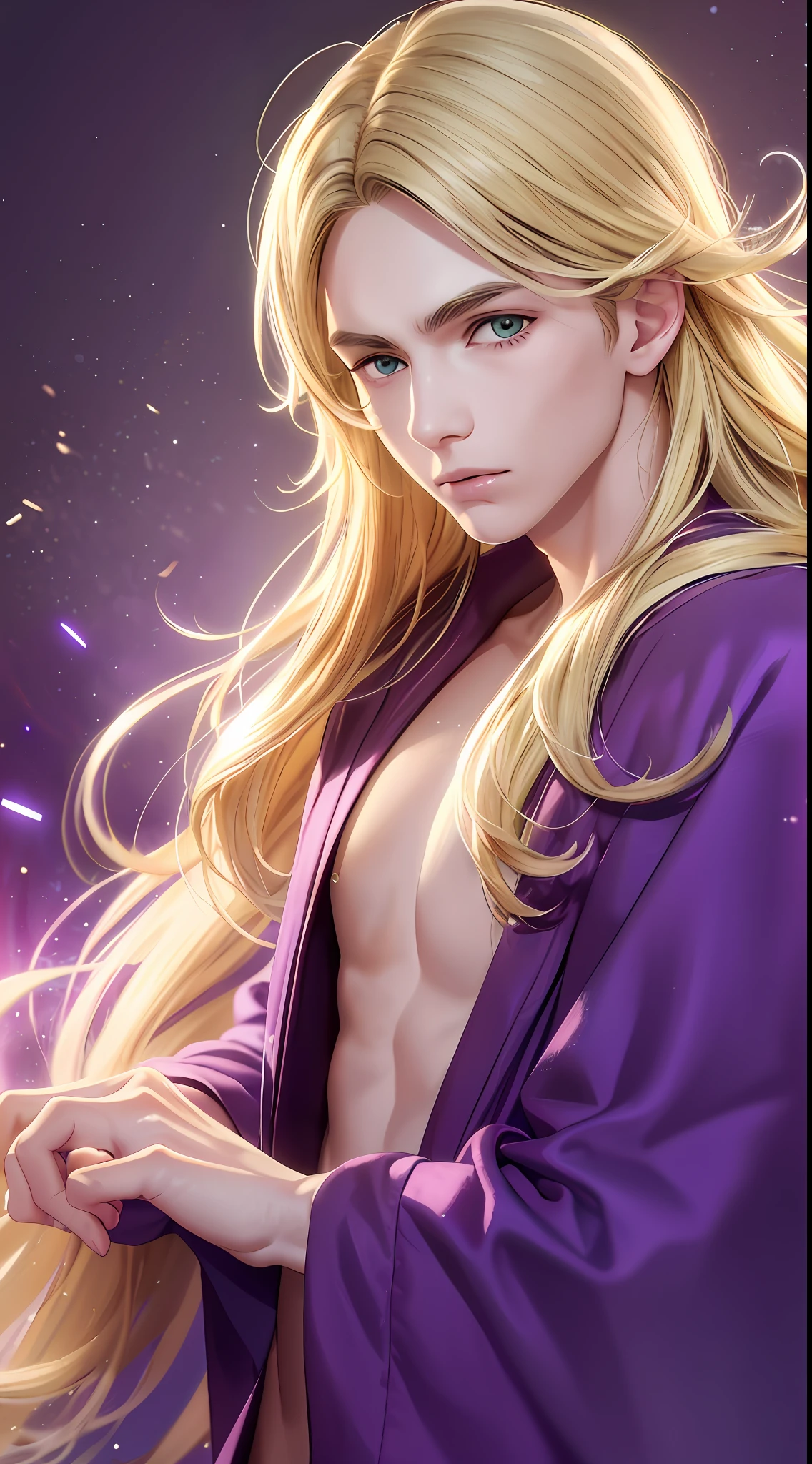 Young boy, long blonde hair, green eyes, purple robe, super speed, masterpiece, high quality