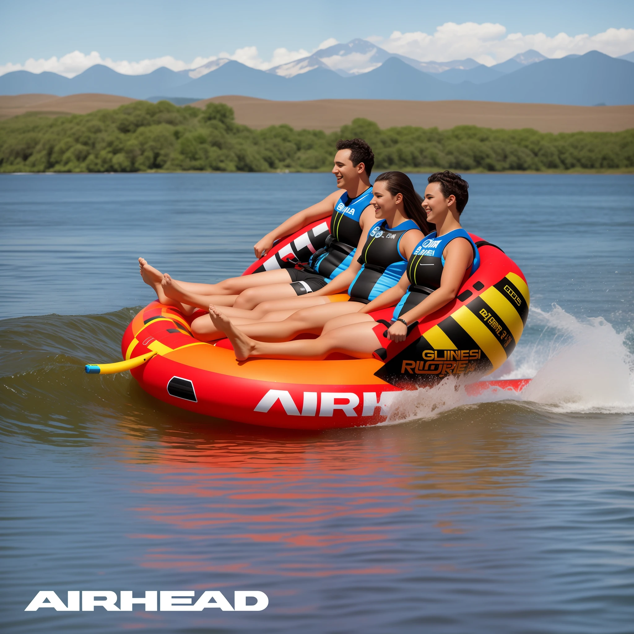 there are people riding on a tube in the water, tubing, rainbow tubing, f / 2 0, golden rainbow tubing, bottom angle, wide portrait, poster shot, forward facing angle, f/4.5, 2015, 2 0 1 5, 2 0 1 8, 2018, it has six thrusters in the back, promo shot