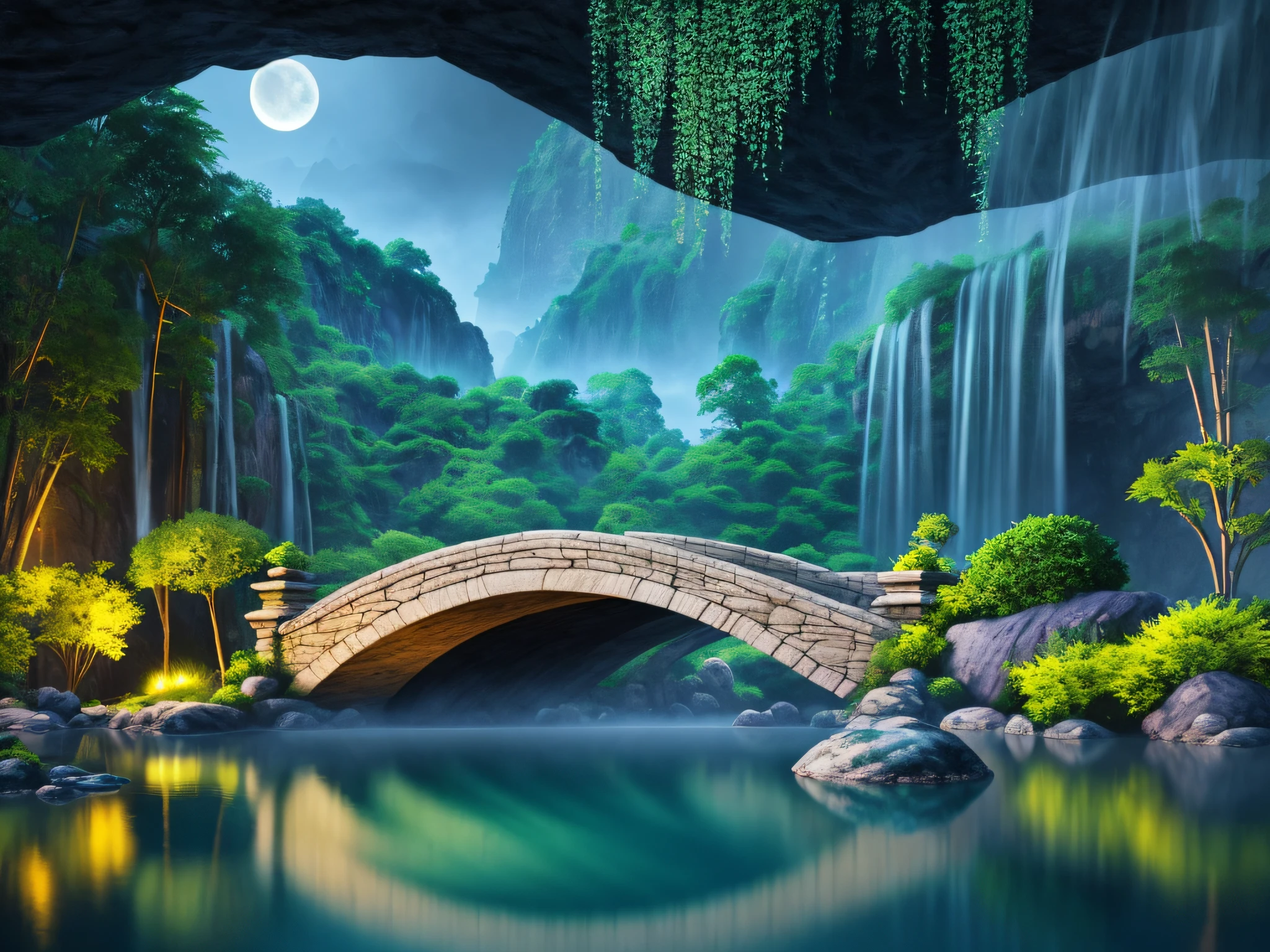 Ancient architecture, cool colors, dark night, (moon), garden, bamboo, (lake), stone bridge, rockery, arch, corner, trees, flowing water, landscape, outdoors, waterfall, meadow, rock, dense fog, (illustration: 1.0), epic composition, HD details, masterpiece, best quality, (very detailed CG unified 8k wallpaper) --v 6