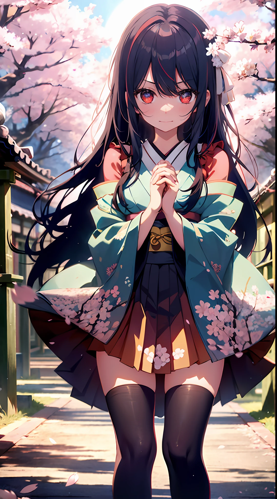 Light flowing long hair, hair scattered, red eyes, joyful and shy expression, expectant expression, black stockings texture matching, ribbon, loli, kimono, skirt, leaking shoulders and arms, leg ribbon, leg ring, five fingers, cherry blossoms, shrine, steps, Japanese, ultra-low viewing angle, sideways, looking down, looking at the audience, girlfriend perspective, holding hands, far view, backlight, perfect light and shadow, master work, rich in detail, delicate, 8k