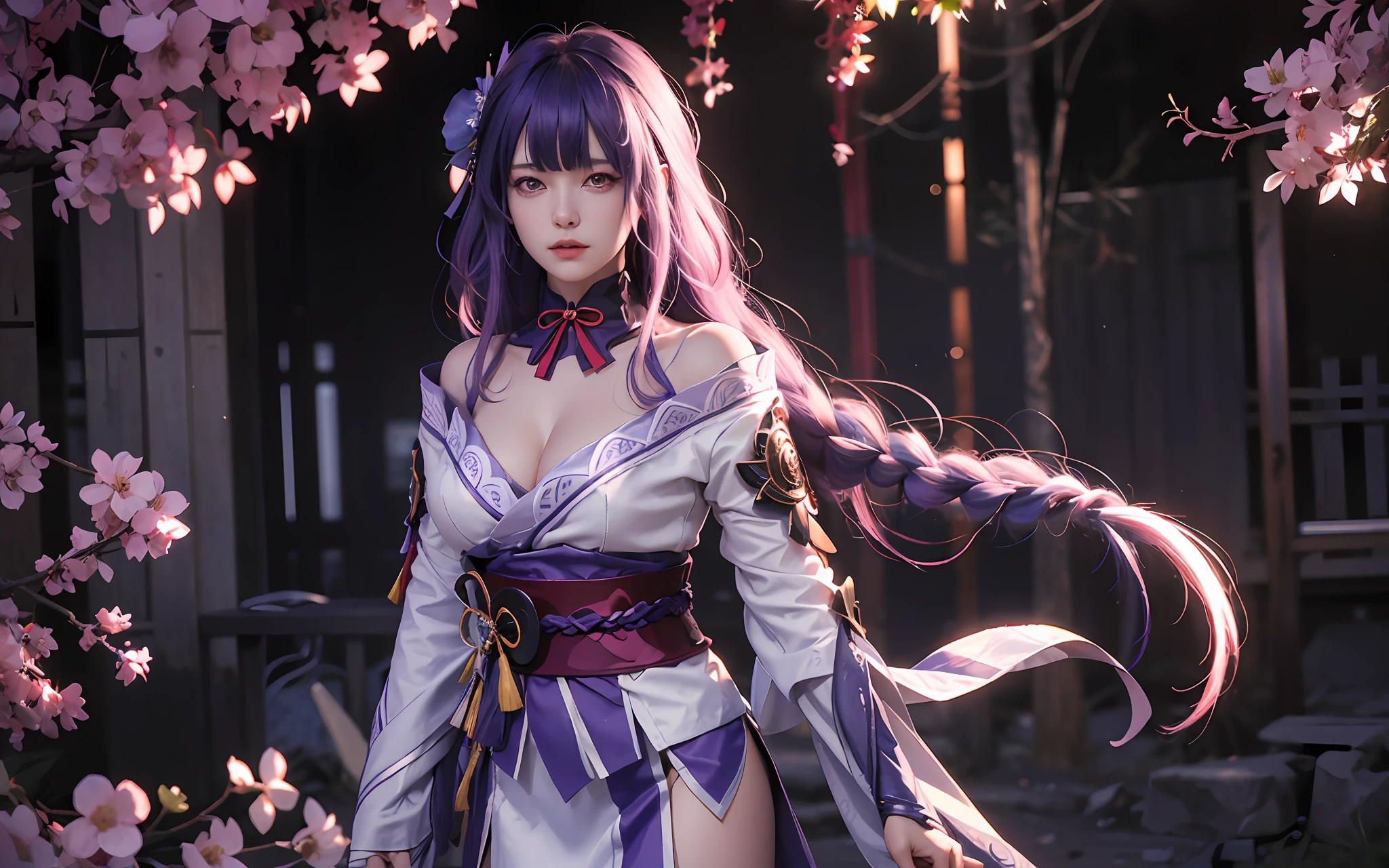 Raiden General Fine clothes White clothes Blunt bangs Braided (mid-chest: 1.4) cleavage Wide sleeve kimono Hair accessories Day clothes (red belt: 1.4) (light purple hair: 1.4) Very long hair, straight hair, delicate face, cold face, (smooth chin: 0.85), looking at the audience, beautiful eyes, detailed eyes, skirt, (sunset: 1.4), from the side, (cherry tree: 1.5), photon mapping, physically based rendering, RAW photos, highly detailed background, (Real photo: 1.35), high resolution, perspective, front, (ulzzang-6500: 0.4)