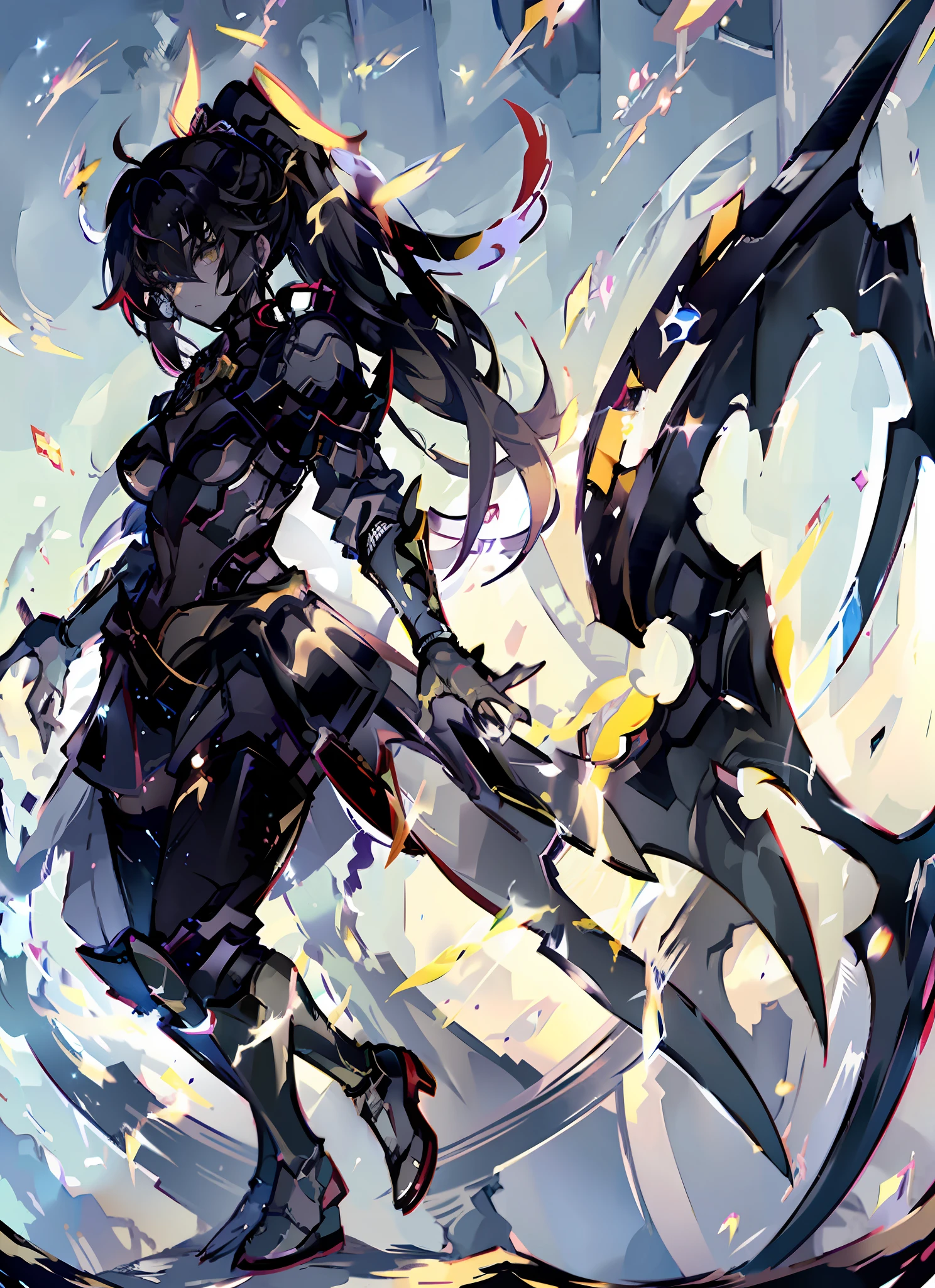 ((Girl)), ((Gorgeous bloody night sky with golden blades on the ground, Background)), ((Ultra Definition)), ((Best Illustration)), ((Cinematic Lighting)), Dynamic Angle, Floating, Detail, (Glitter: 1.2), (Shine: 1.2), (Shine: 1.2), Classic, (Paint: 1.1), (Sketch: 1.1), (Best Quality), (Masterpiece: 1.2), (Anime-style), ( Solo), Beautiful Detail Face, (Big Eyes: 1.3), black Hair, (ponytail Hair: 1.2), (Floating Hair: 1.2), (Suit), Detailed Costumes, (Shining Sword: 1.3), (Magic Effects: 1.3), (Cute Boots: 1.1), (Transparent Fabric: 1.1), (Glitter: 1.2), (Glow: 1.2), (Glow: 1.2), (Shine: 1.2), (Flicker: 1.2), (Dazzle: 1.2), big breasts, full body, (black and red samurai armor), (yellow eyes) , (yellow horns) , crystal blades floating around her