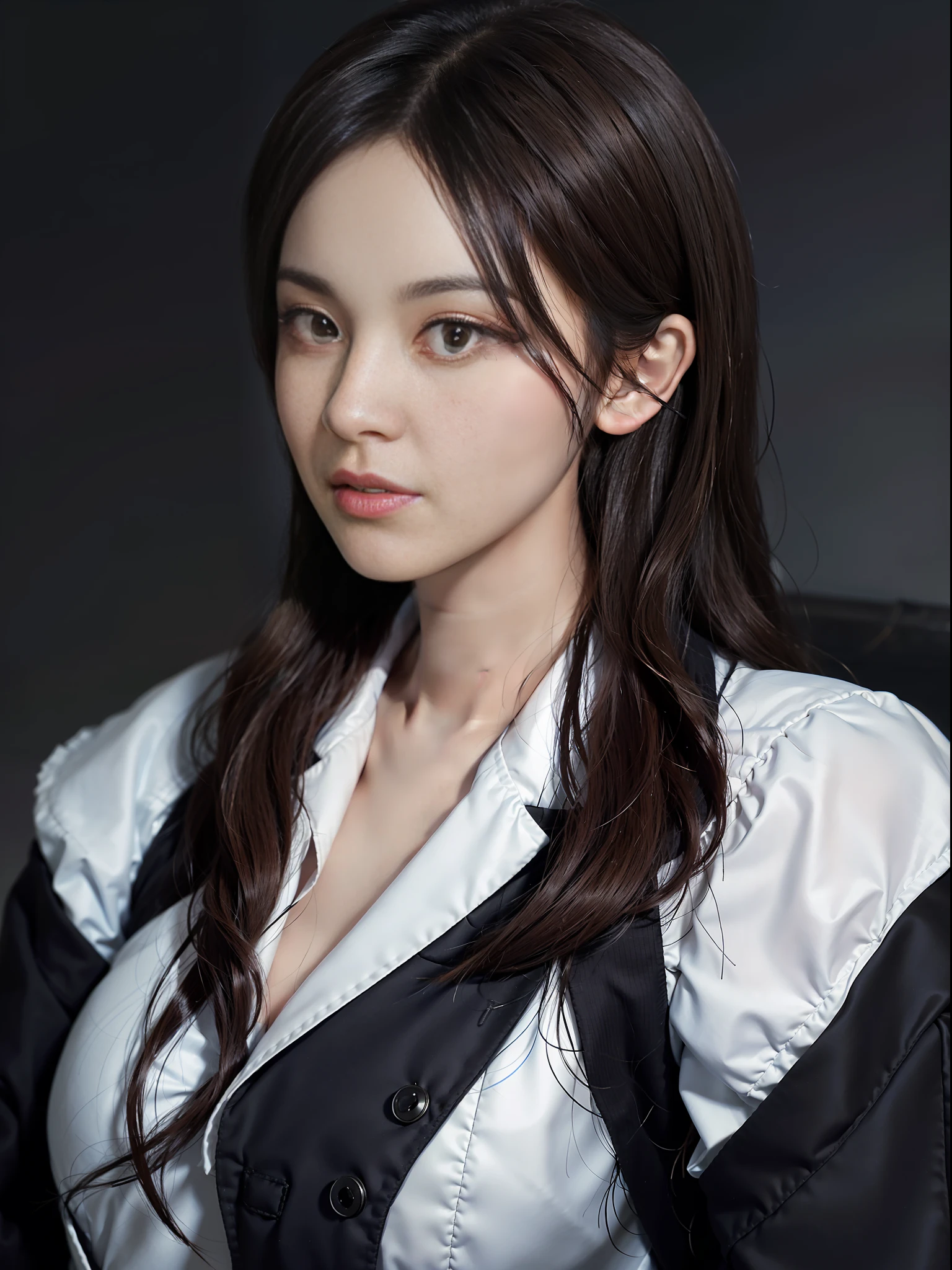 Surrealistic female portrait by David Hockney and Alphonse Mucha, ArtStation, Sony A7M4, close-up of face, 85mm glue, delicate Korean facial features, 4K, 1Girl, in China, bus, early morning, school uniform, (formal wear: 1.4), coiled hair,