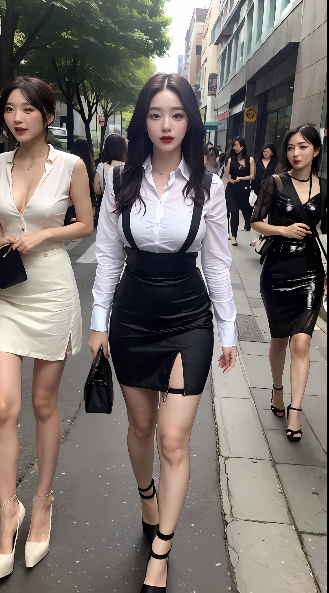 Oriental nine-headed beauty, suspender black silk high heel, Qi B short skirt, white shirt soaked, big breasts dew point, street view
